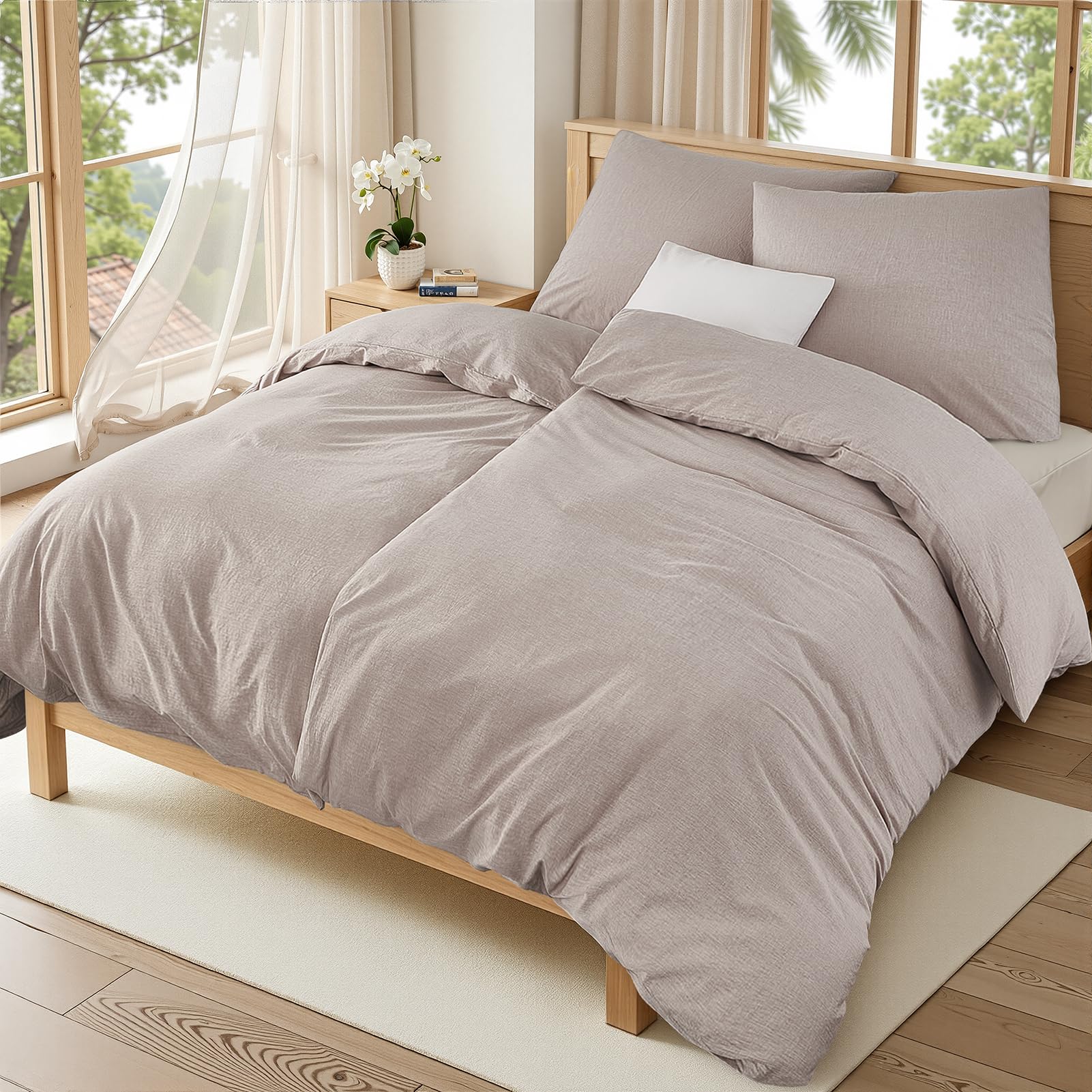 Duvetnova Bettwäsche 135x200 Baumwolle 4teilig Beige Superweiche 100% Vorgewaschene Baumwolle