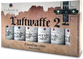 Tinta Acrílica para Modelismo Talento, Conjunto Luftwaffe 2 com 6 Cores de 30ml, Compatível com Pincel e Aerografia