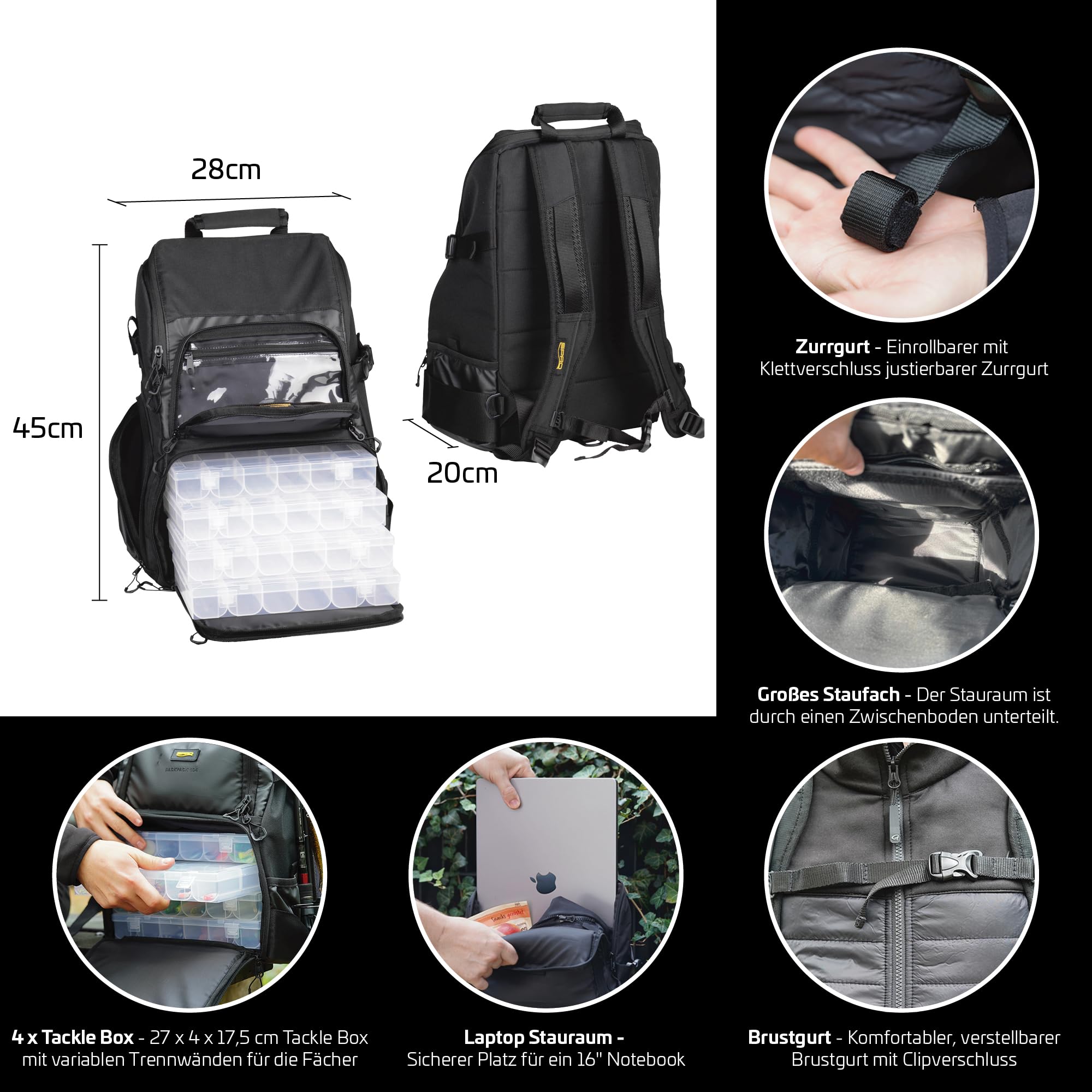 Spro Backpack 104 – geräumiger Rucksack, Outdoor-Rucksack, Angelrucksack inklusive 4 Tackle-Boxen, ideal für Alltag, Schule, Uni, wasserabweisender Rucksack, großer Stauraum, Angeltasche