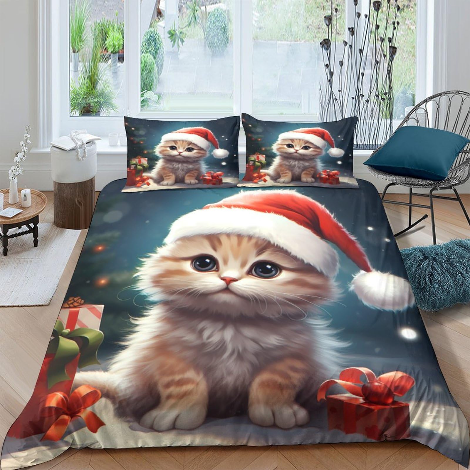 Housse de couette chat 3 pièces 220x240cm microfibre lit King