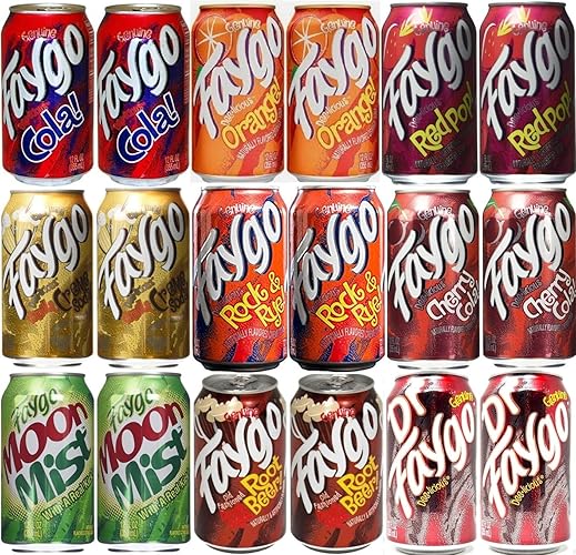 Faygo Soda Pop Soft Drink Variety 18 pack of 12oz Cans - 2 each Redpop, Vanilla Cream Creme Soda, Rock and Rye, Moon Mist, Root Beer Rootbeer, Orange, Black Cherry, Dr Faygo and Cola Great for office or work fridge restocks