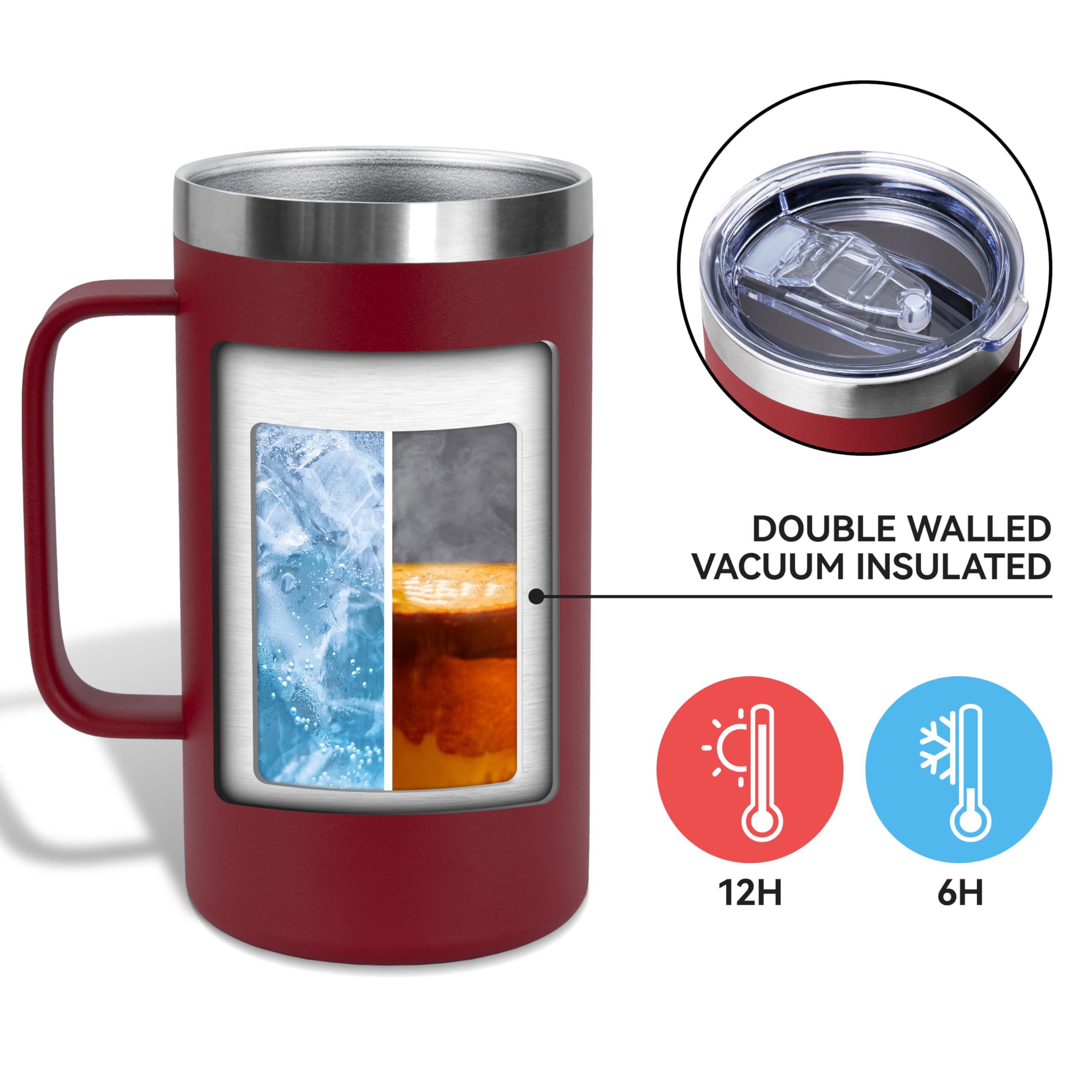 DOMICARE Taza de café de acero inoxidable de 24 onzas con asa y tapa, taza de viaje con asa, vaso de café al vacío de doble pared, taza aislada reutilizable, rojo oscuro, paquete de 8