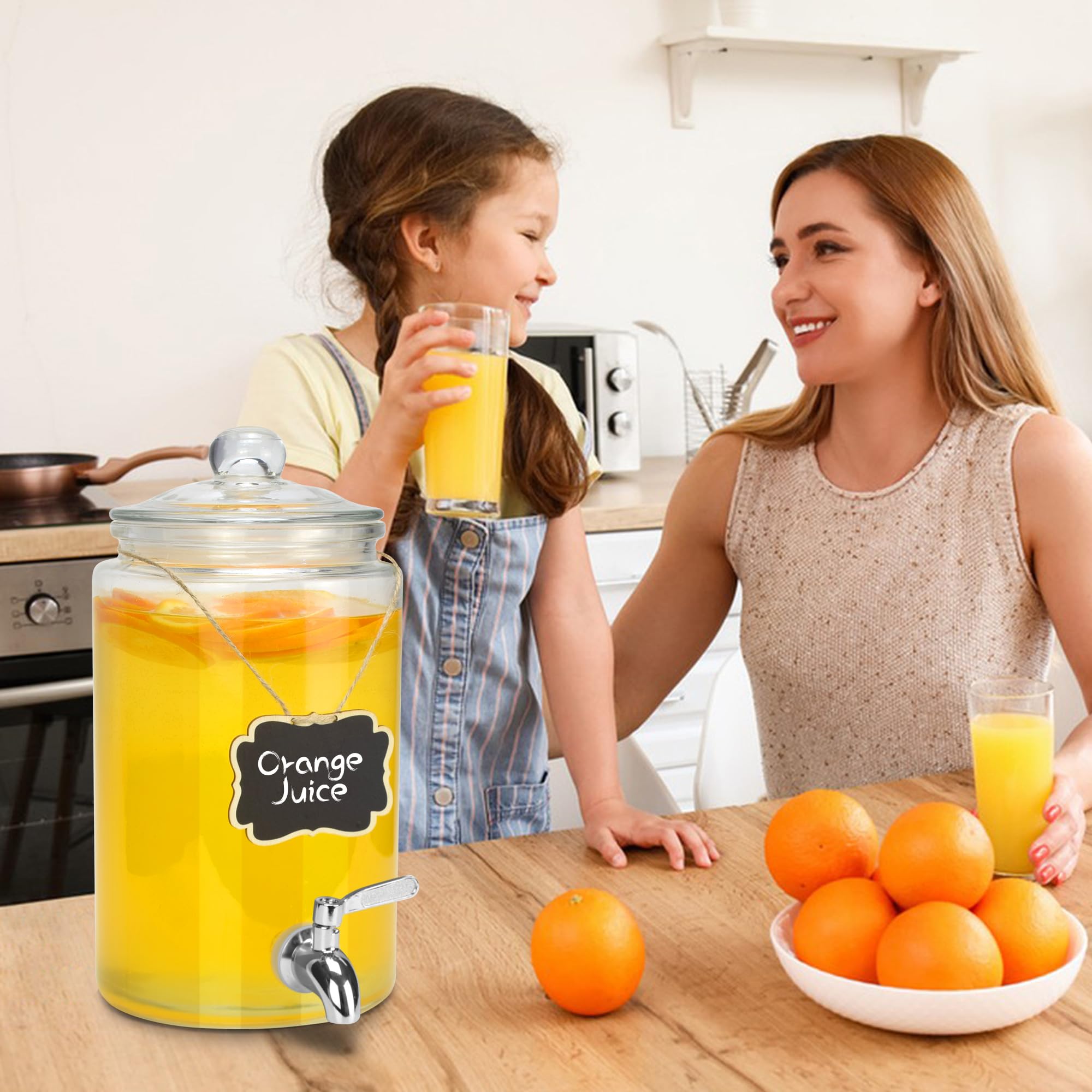 Dispensador de bebidas de 1 galón, paquete de 2, dispensador de bebidas de espita de acero inoxidable para fiestas con soporte, recipiente de vidrio transparente fácil de rellenar y limpiar 5