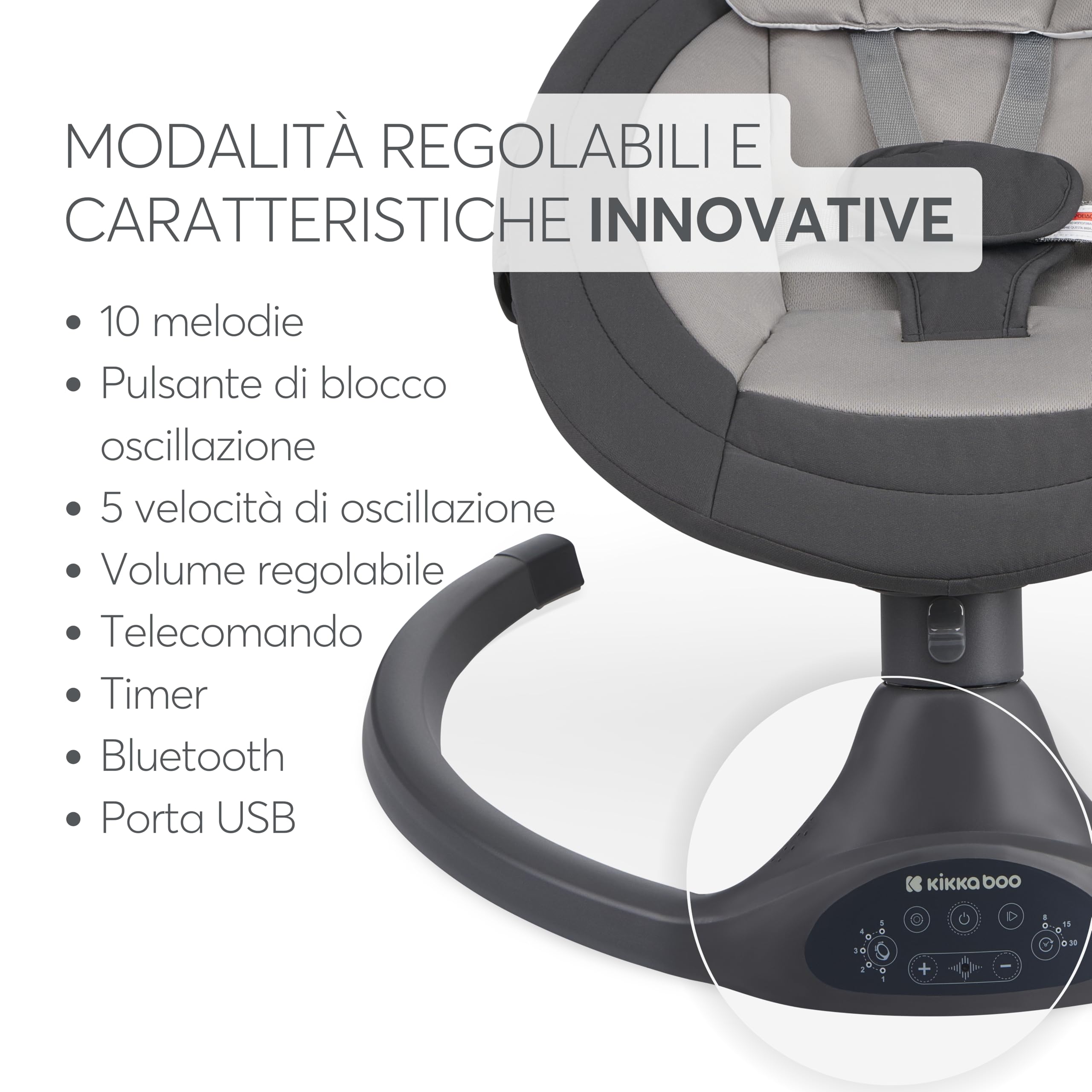 Sdraietta Neonati Elettrica KikkaBoo CODIE, Dondolo Elettrico per Neonati con Bluetooth, 5 Velocità, Schienale Regolabile, 10 Melodie, Fino a 9 kg, Grigio scuro
