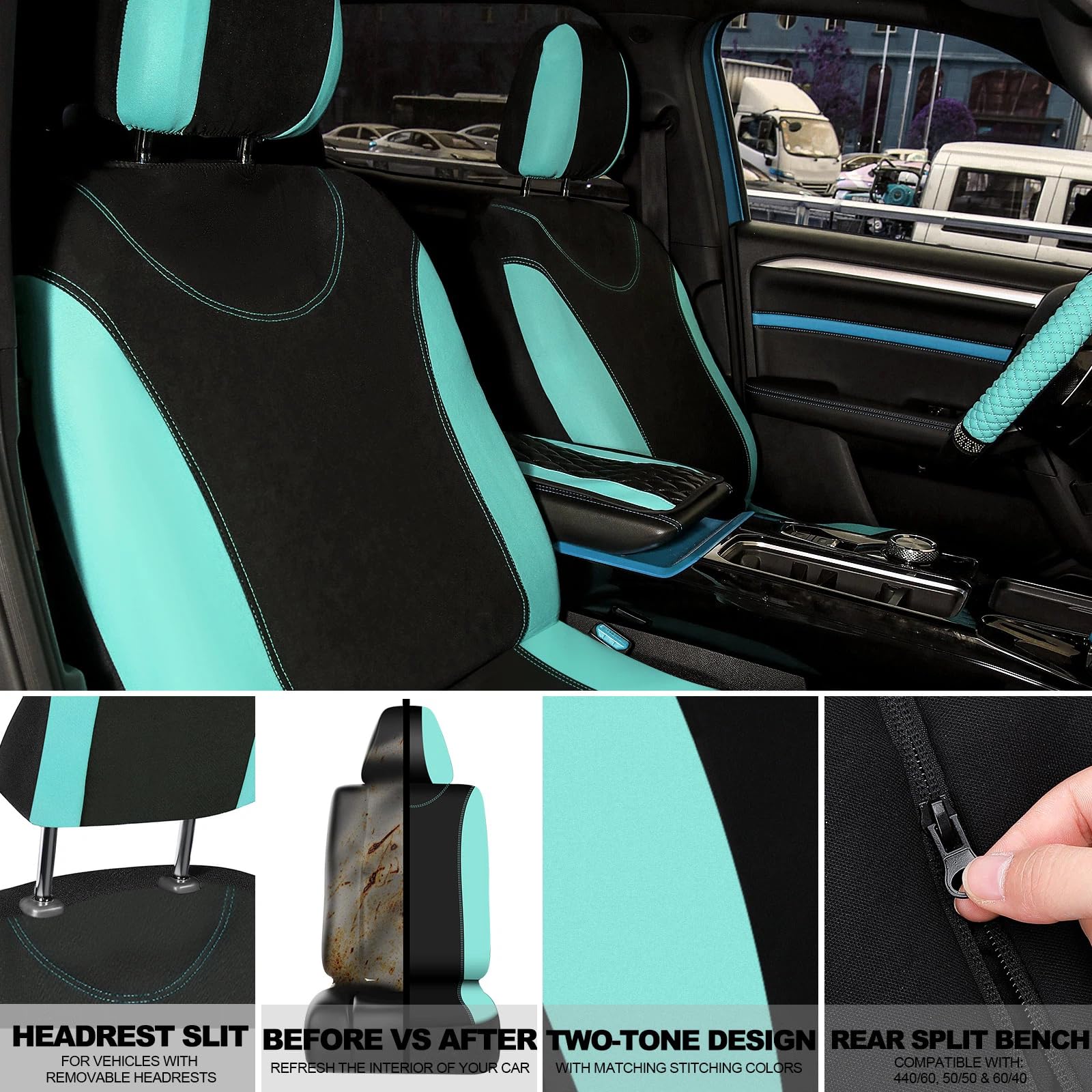 BBTO 43 Pcs Bling Car Accessories Set for Women Front Seats and Rear Bench Polyester Car Seat Protectors — view 4