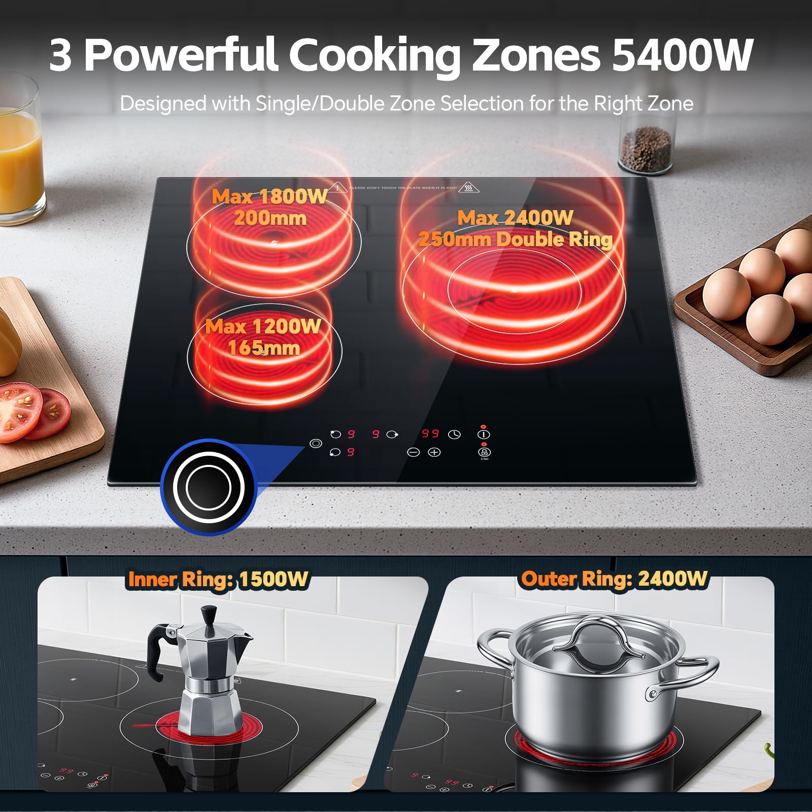 Placa Vitroceramica 3 fuegos 60cm, Control Táctil, 5400W con 9 ajustes de potencia, Temporizador 99 min, Vitrocerámica Eléctrica Negra, Para todas las ollas y sartenes