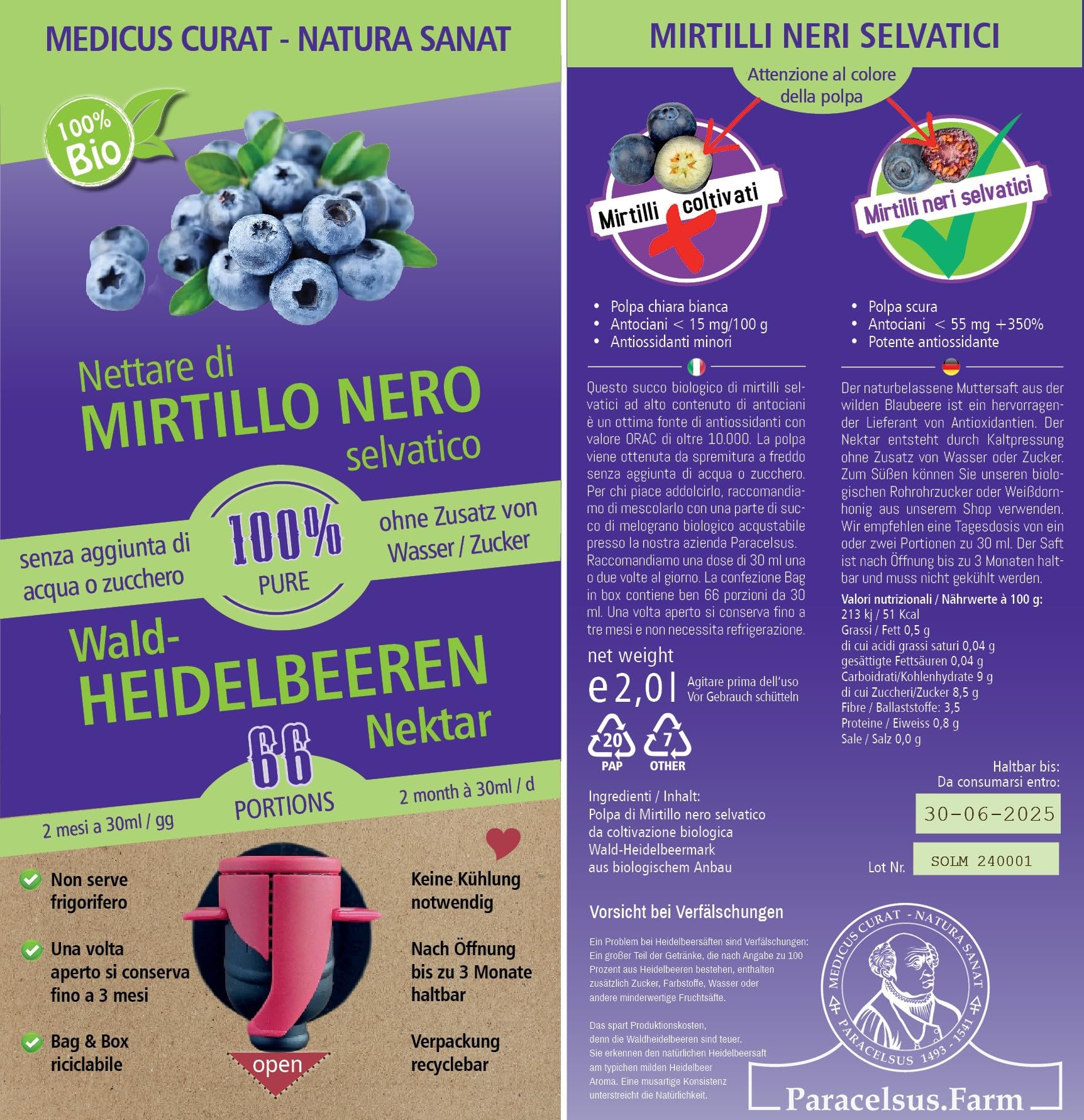 Succo di Mirtillo Nero Selvatico, 100% puro, denso, in Bag in Box da 2 Litri, senza aggiunta di acqua, zuccheri e conservanti - Origine Svedese - Paracelsus.Farm