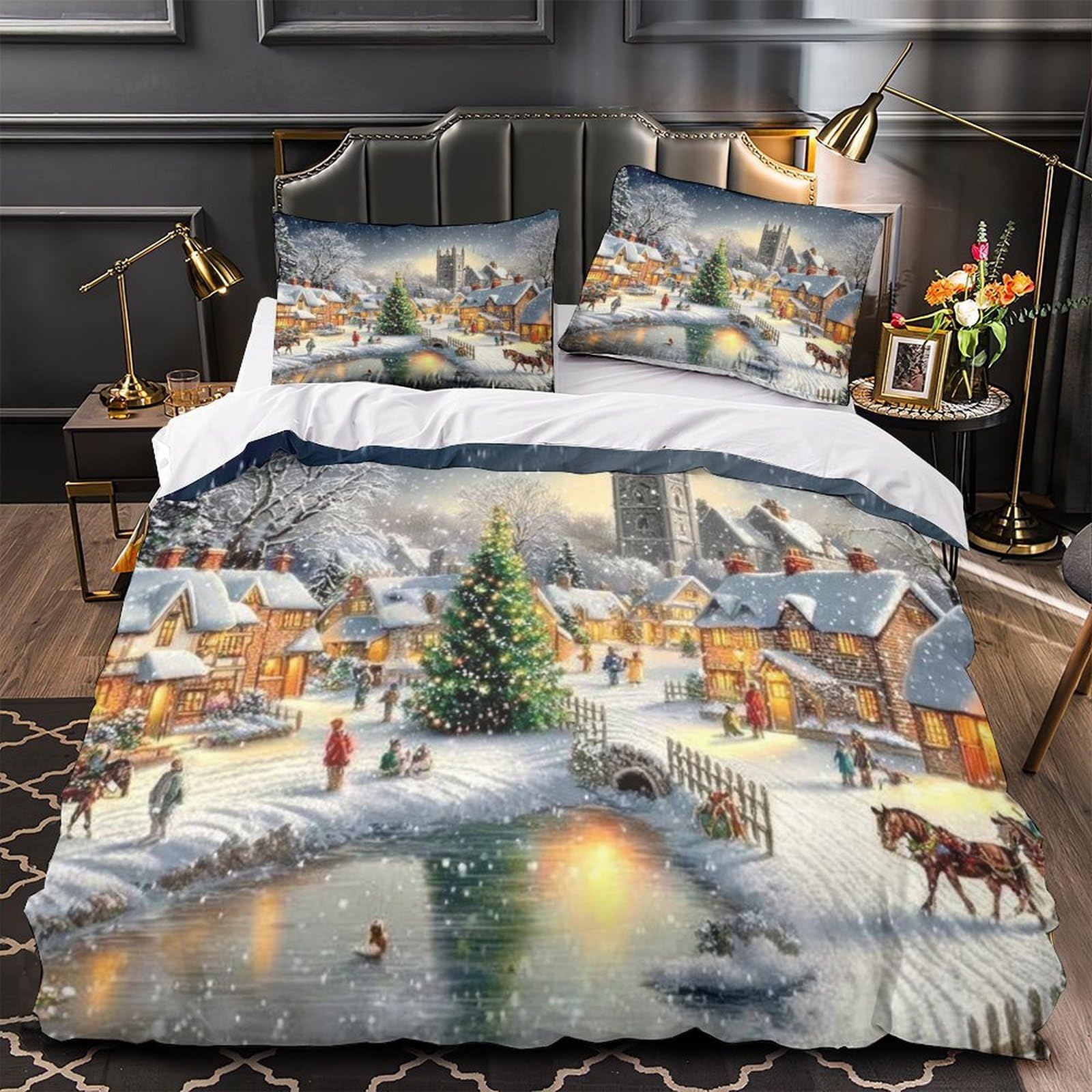 Village de Noël Parure de Lit Cadeau Idéal Fille Housse 140x200