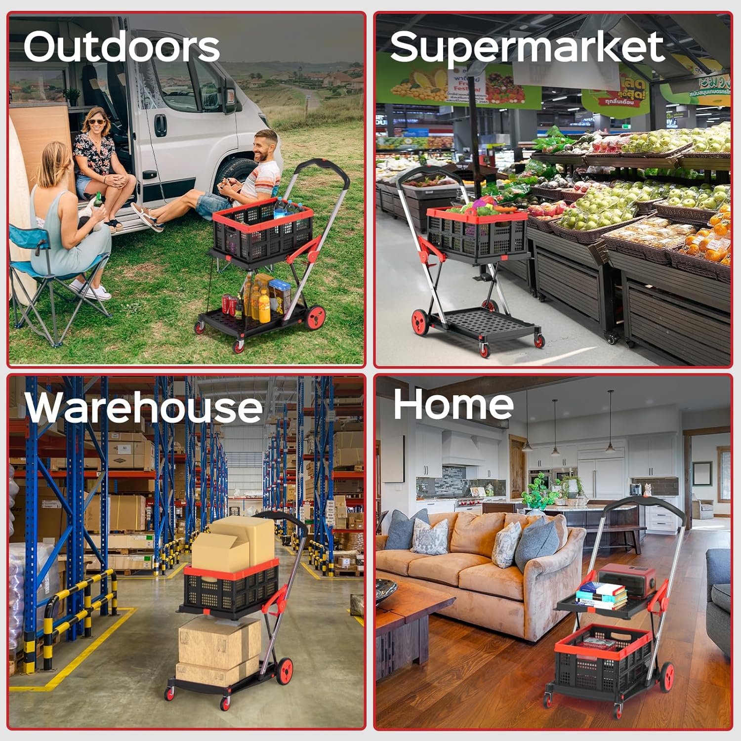 Collapsible Shopping Cart with Wheels, 200 lbs Capacity Grocery Cart on Wheels with Storage Crate, Platform Hand Truck with Foot Brake, Red