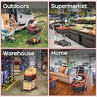 Vista 3 de Carrito de compras plegable con ruedas, capacidad de 200 libras, carrito de comestibles con ruedas con caja de almacenamiento, carro de mano con Rojo