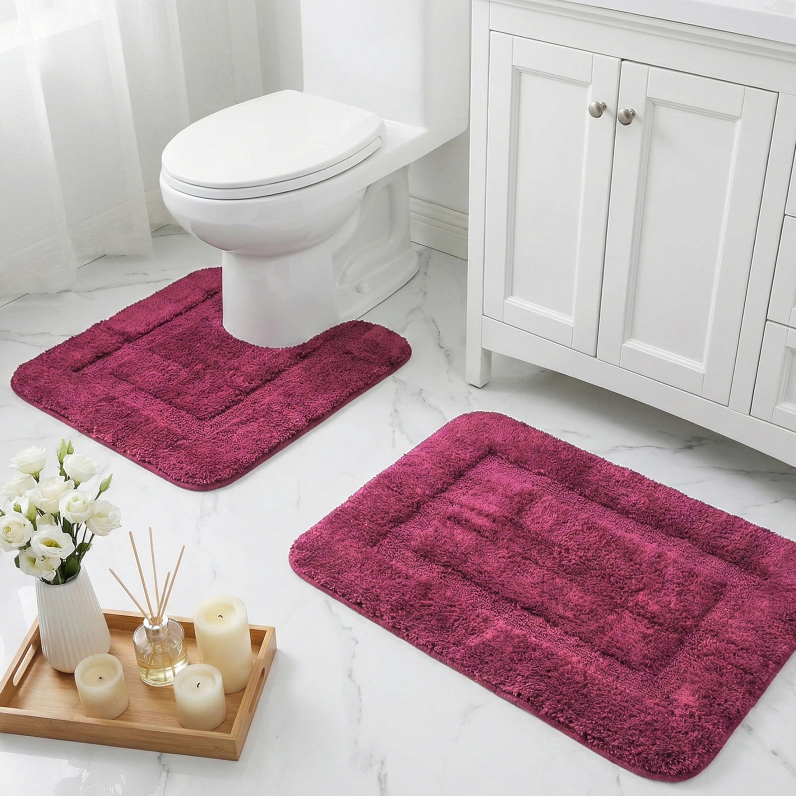 Saral Home Cotton Anti Slip Bathmat Set with Contour | Soft & Super Absorbent Mats for Shower | Washable, Non-Slip & Quick-Drying Mats for Home/Kitchen/Office | Pack of 2 (Maroon, 45X60Cm & 45X50 Cm)