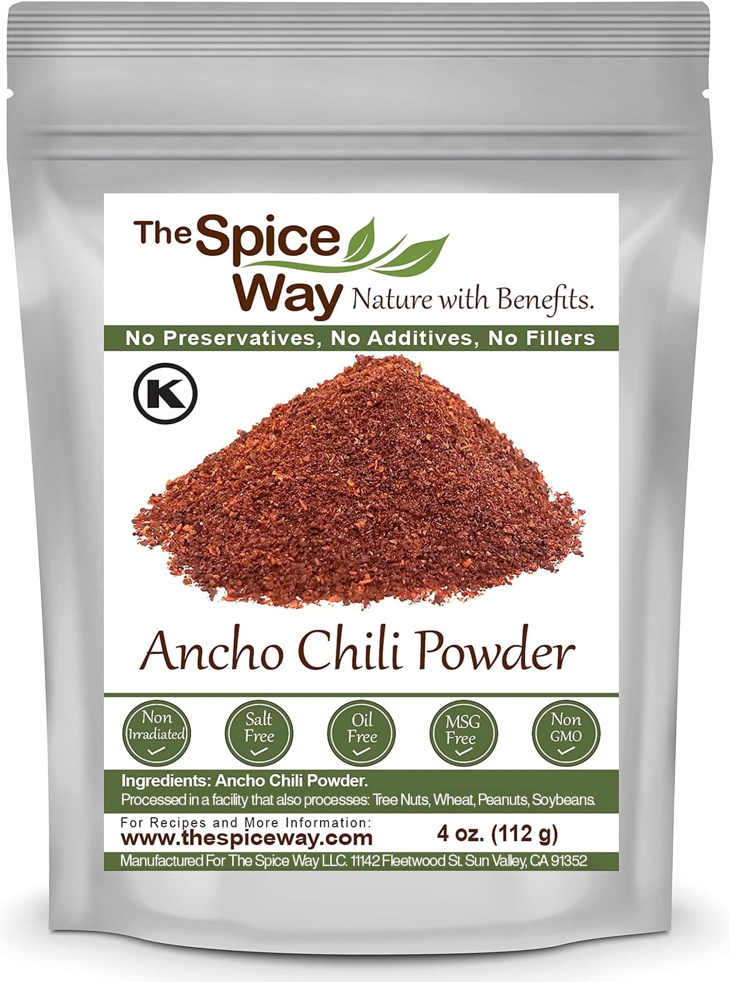 The Spice Way Premium Ancho Chile - Pure chili powder (4 oz) made from pure dried peppers with no additives, no agents. resealable bag