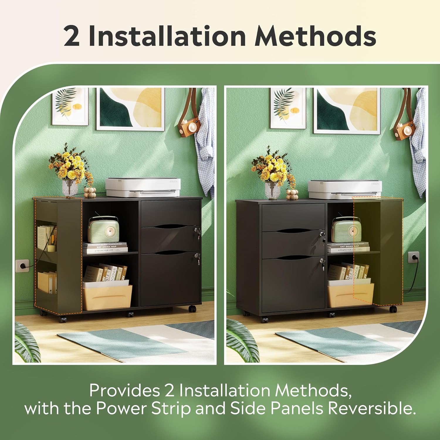 DEVAISE File Cabinet with Lock, 3 Drawer Rolling Mobile Lateral Filing Cabinets with Charging Station Printer Stand with Open Storage Shelves Fits A4 or Letter Size for Home Office Black