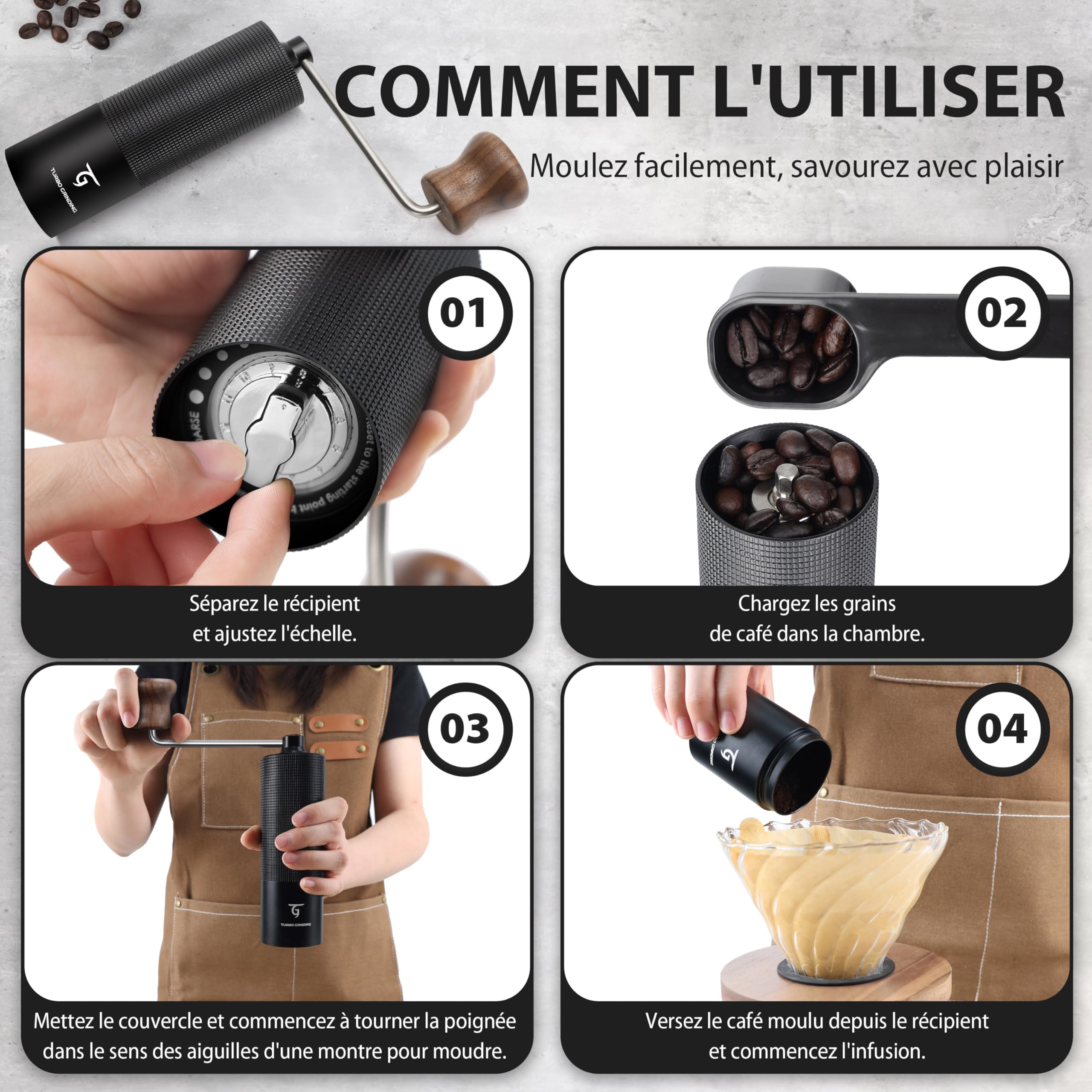 SUNYA Moulin à Café Manuel à Fraise Conique Acier Inoxydable avec Ivret de Recettes de Café Moulin a Cafe Manuel Portable en Réglages de Mouture Réglables Capacité de 25g (MCG-02 Noir)