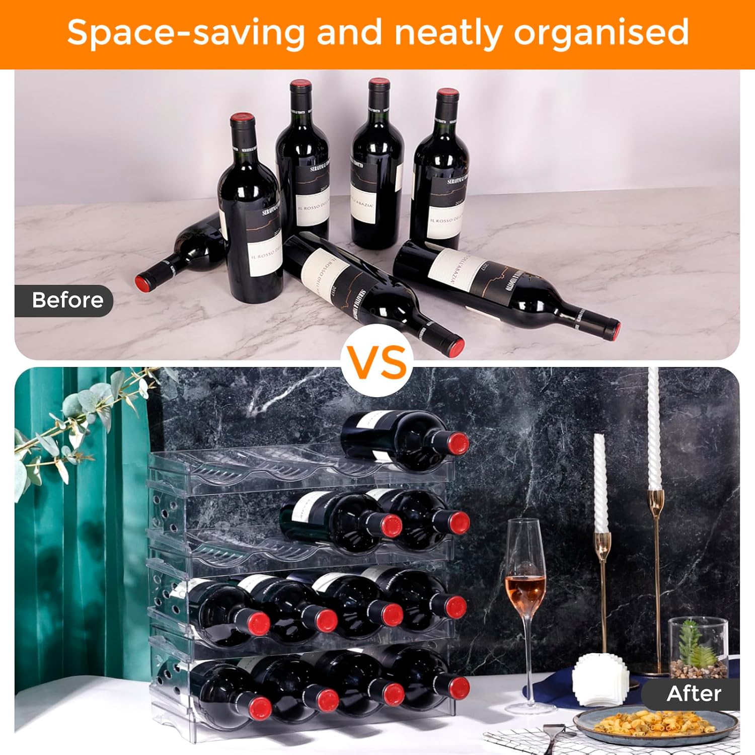 BoxedHome Plastic Water Bottle Organizer and Wine Rack Storage Holder for Inside Cabinet, Kitchen Countertop, Table Top, Pantry, Bars, Cabinets, Fridge - Clear (4 Tier 16 Containers)