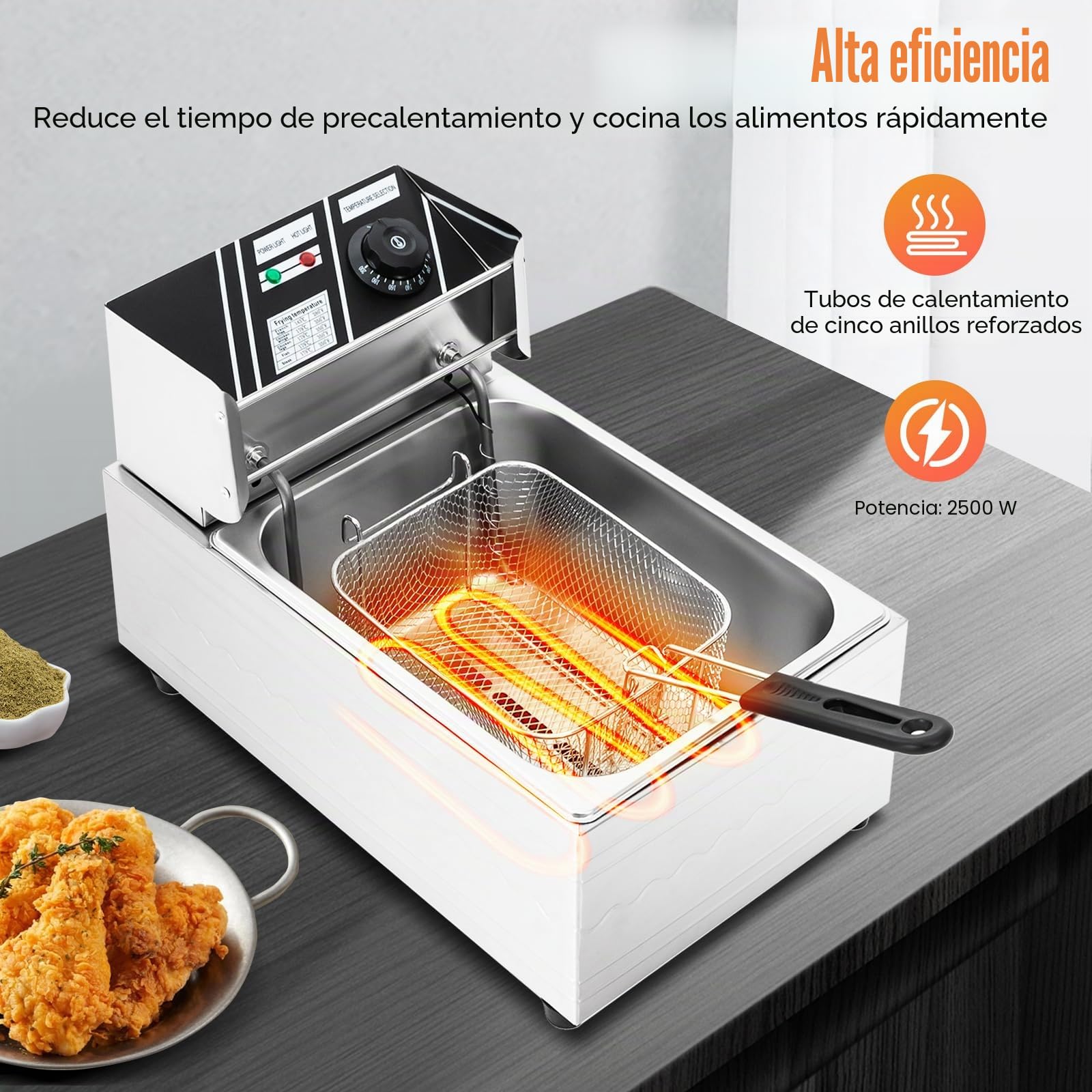 MINRS Freidora de aceite de 6 L con cesta y tapa, freidora de acero inoxidable, freidora de zonas frías, fácil limpieza temperatura regulable 60-200 ℃ 2500 W freidoras comerciales para uso en