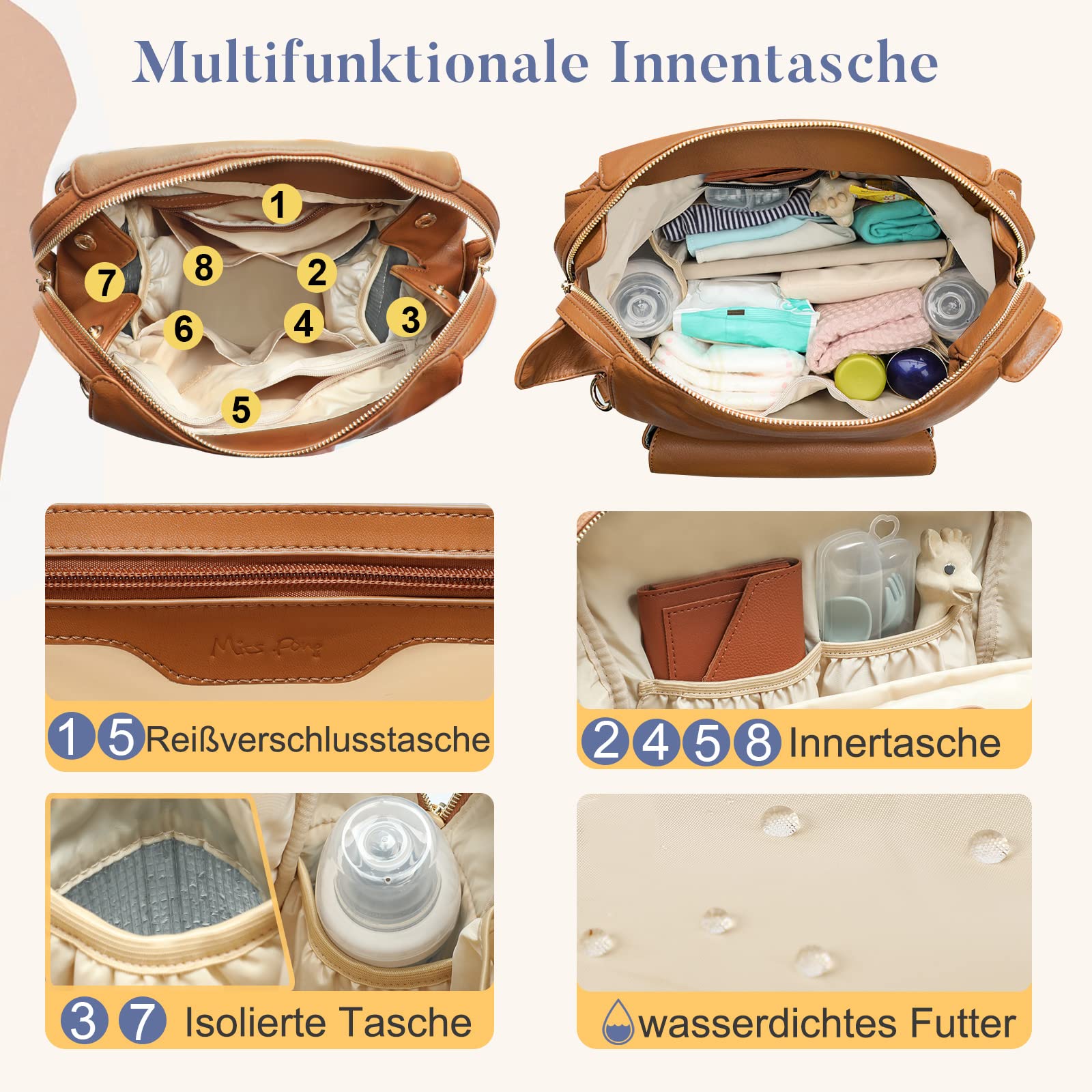 MISS FONG Wickelrucksack Wickeltasche Babytaschen Rucksack Groß Leder Baby Rucksack Kinderwagen Mom Mummy Bag Windeltasch Mit Wickelunterlage Unterwegs Schwarz Lässig Braun