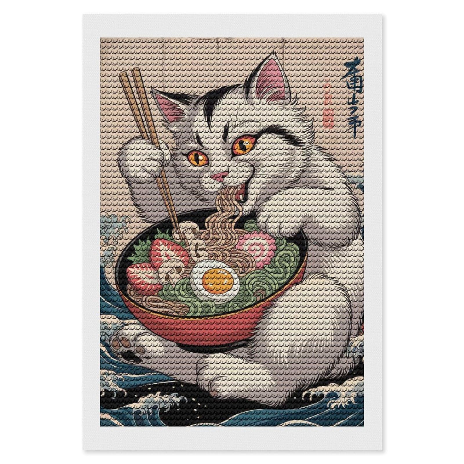 Junmoney Cat Eating Ramen Bowl Illustration DIY Diamond Art Canvas Kit 8"x12", Decorate Your Room, Sparkling Round Gems, Fun Craft Experience, Farmhouse Decor
