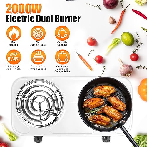 Miniatura 3 de Placa caliente doble, quemador portátil de encimera de 2000 W y estufa eléctrica, estufa de hierro fundido de 5 niveles de temperatura para hogar,