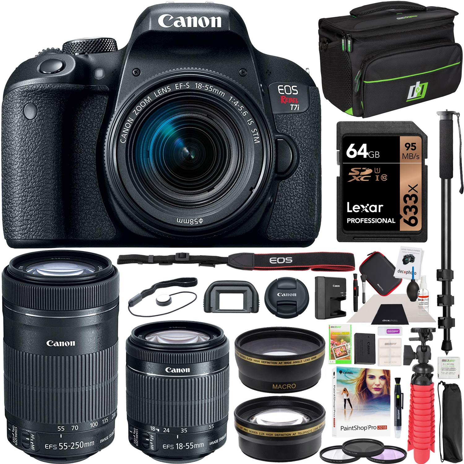 Canon EOS Rebel T7i DSLR Digital SLR Camera + EF-S 18-55mm is STM + EF-S 55-250mm is STM 2 Lens Kit + 0.43x Wide Angle Lens + 2.2X Telephoto Lens + Deco Gear Case + 64GB Memory Card Accessory Bundle