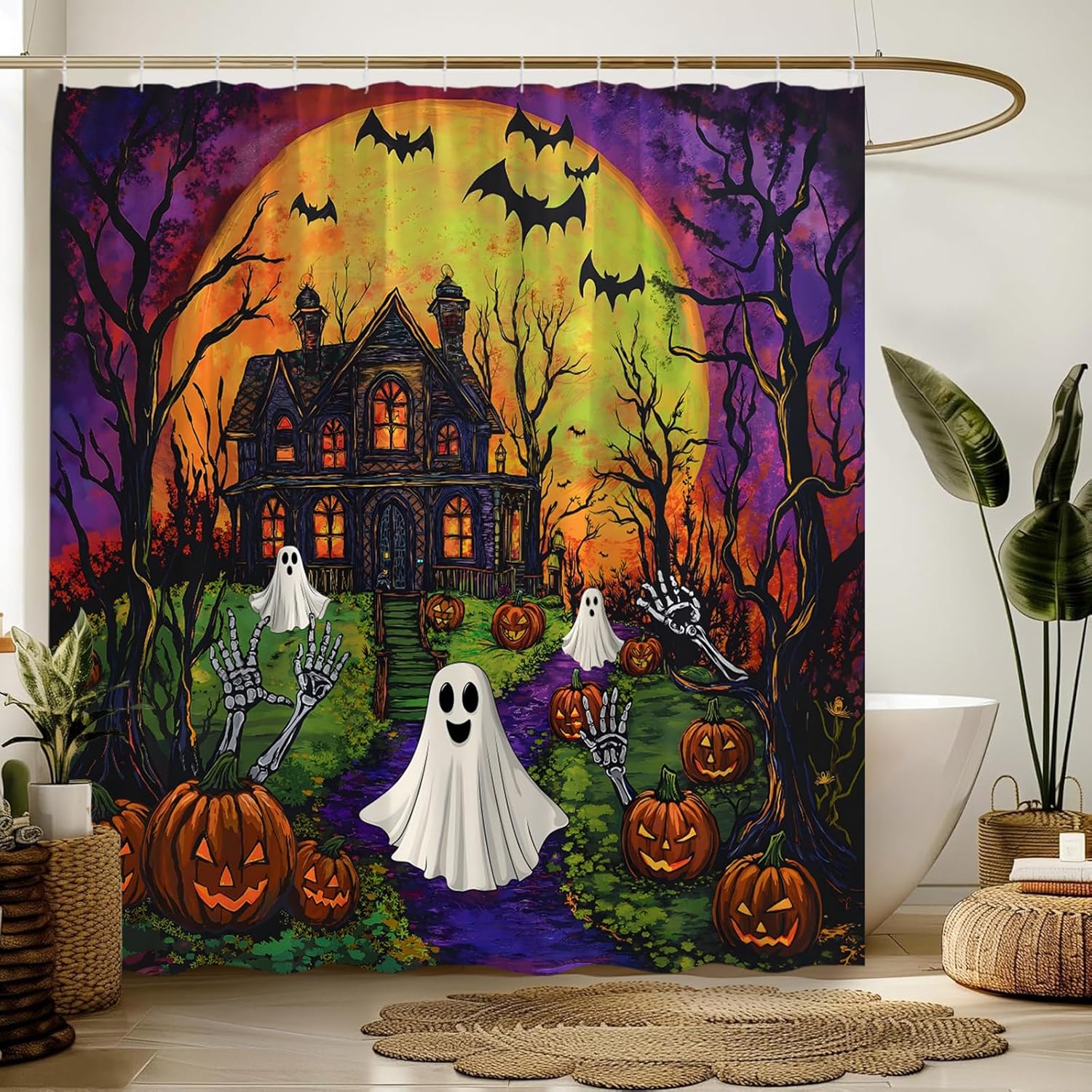 Halloween Extra Long Shower Curtain,Spooky Ghost Gothic Castle Pumpkin Haunted House Festival Scary Purple Orange Bathroom Home Curtain Decor with Hooks,70x84 Inch