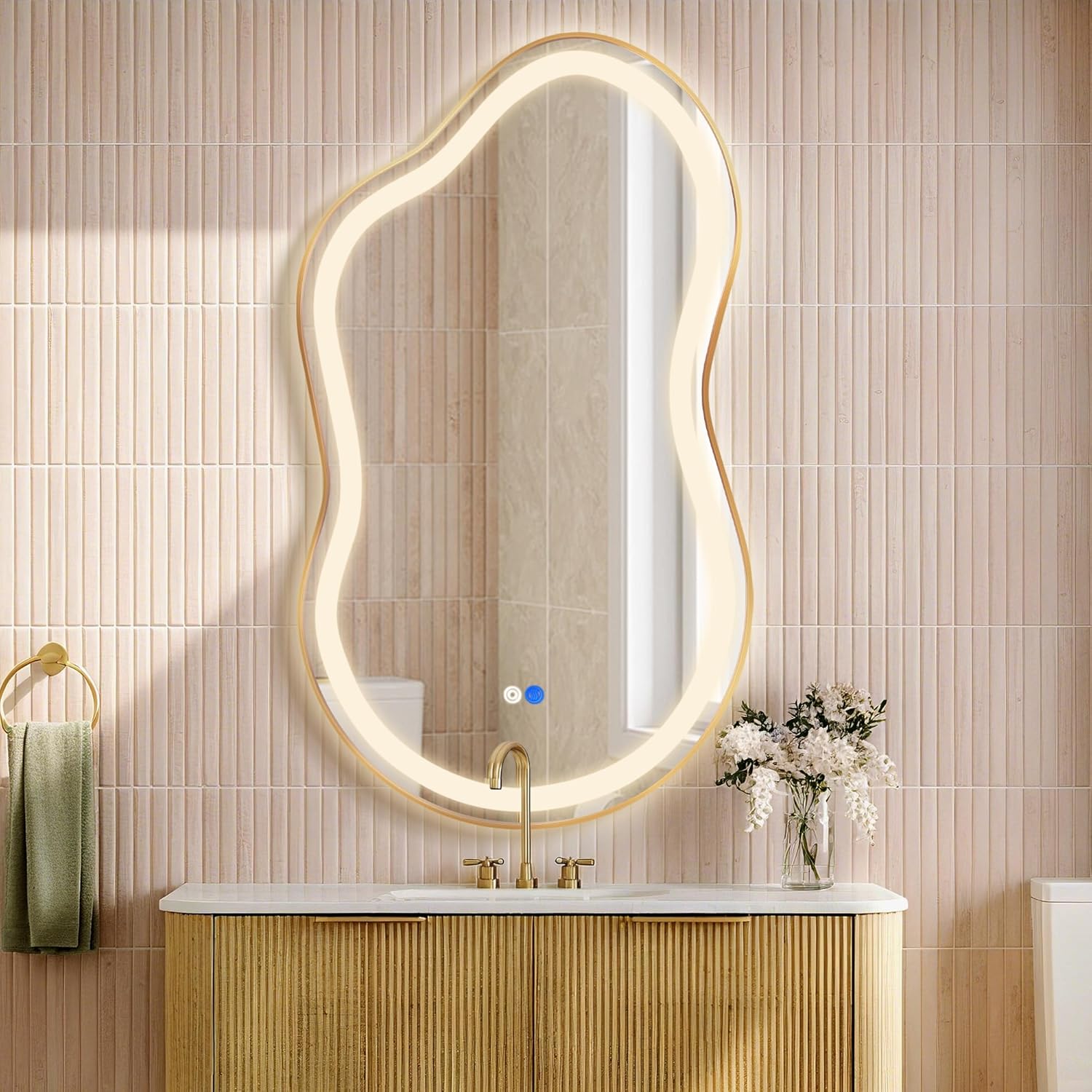 Irregular Led Bathroom Mirror- Gold 20"x36" Single Piece Vanity Mirror with Lights IP54 Enhanced Anti-Fog, 3 Colors Dimmable, Memory,Tempered Glass,UL Listed