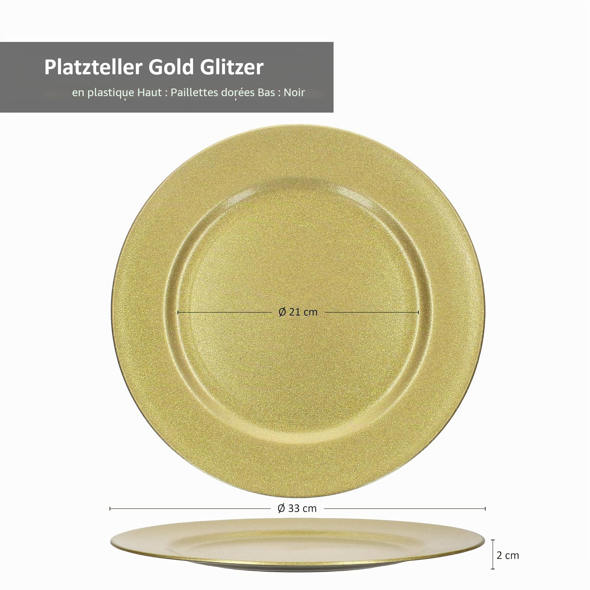 MamboCat Lot de 6 assiettes de présentation dorées à paillettes I Ø 33 cm I Assiettes décoratives légères en plastique I Set de table pour 6 personnes I pour Noël, mariages et autres