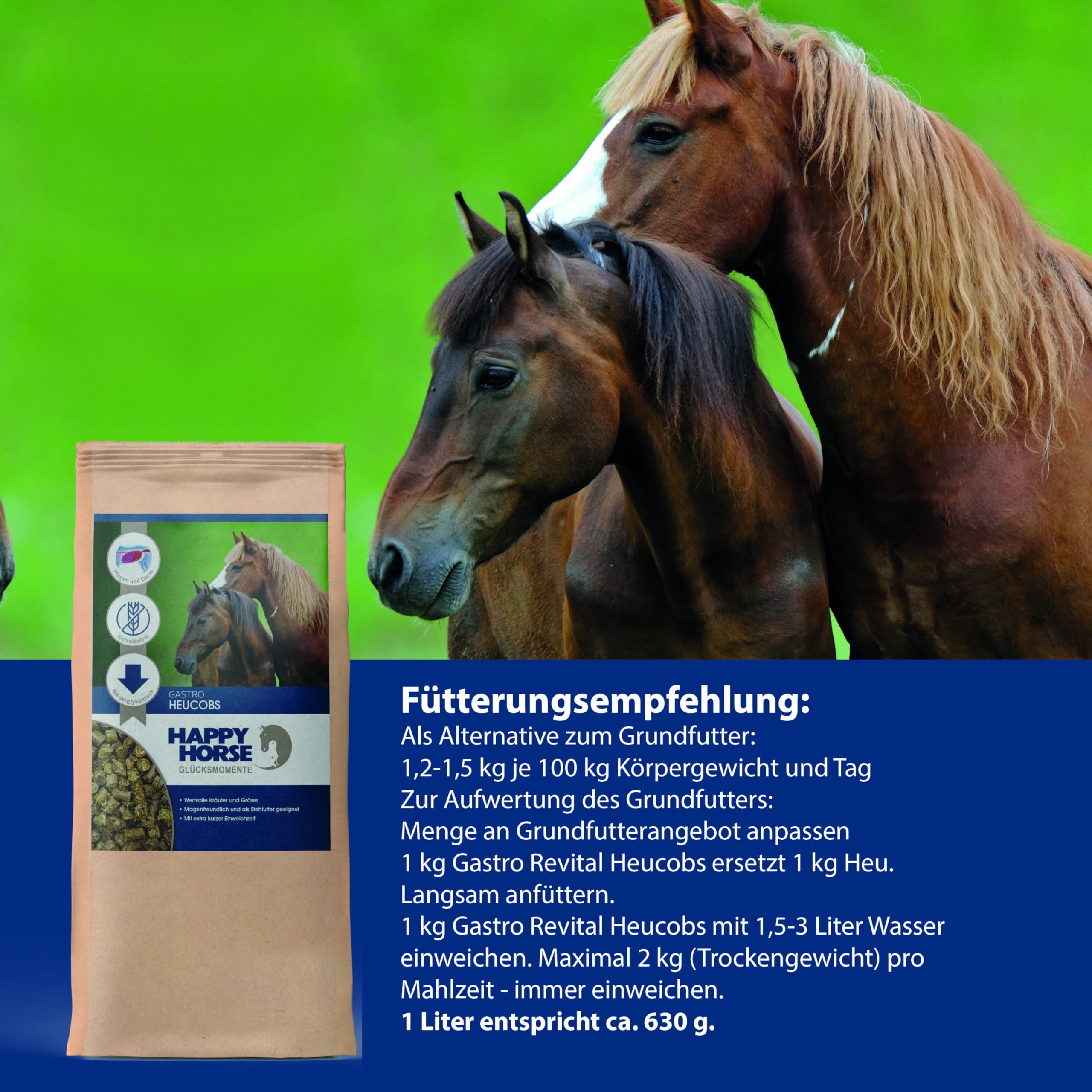 HAPPY HORSE Gastro Heucobs | 2 x 14kg | Schnell einweichende Heucobs für Pferde | Stärkearm & Melassefrei | Hochverdaulich mit Kräutern | Heucobs für ältere Pferde & bei Zahnproblemen