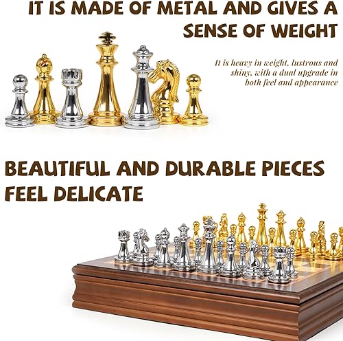 Miniatura 2 de Juego de ajedrez de metal de 12 pulgadas con tablero de madera para niños y adultos, piezas de ajedrez dorado y plateado con reinas adicionales,