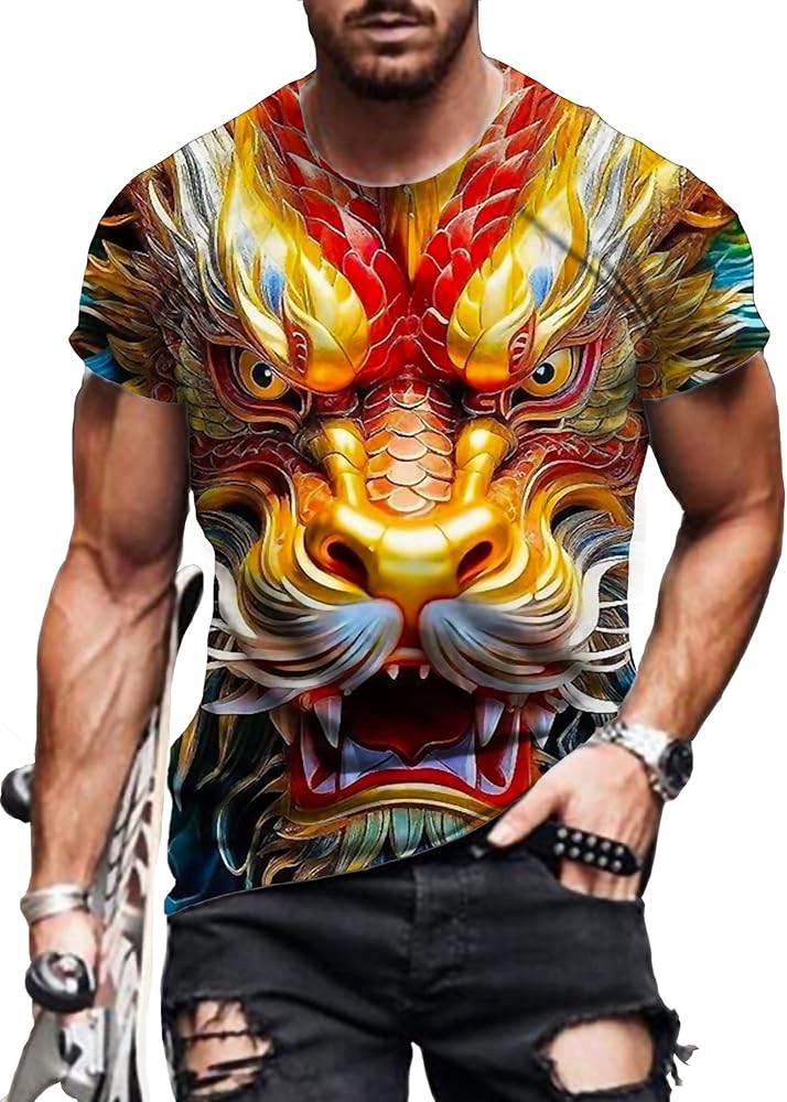 Men's Summer T-shirt Loose Vintage Fitting Vintage Fashion Animal Dragon Print S