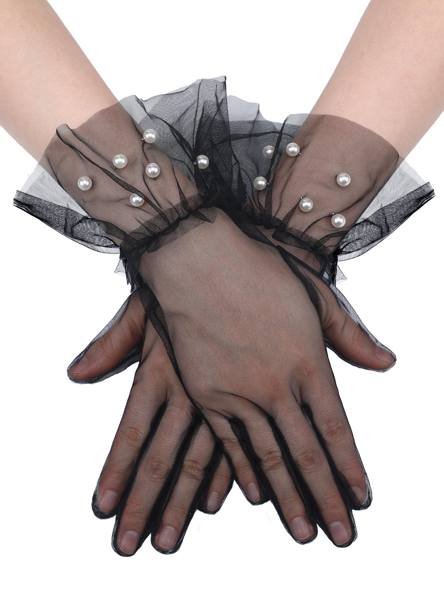 Bencailor Women Lace Gloves Tea Party Wedding Short Bow Sheer Gloves Evening Elegant Accessories for Sun Protection Funeral