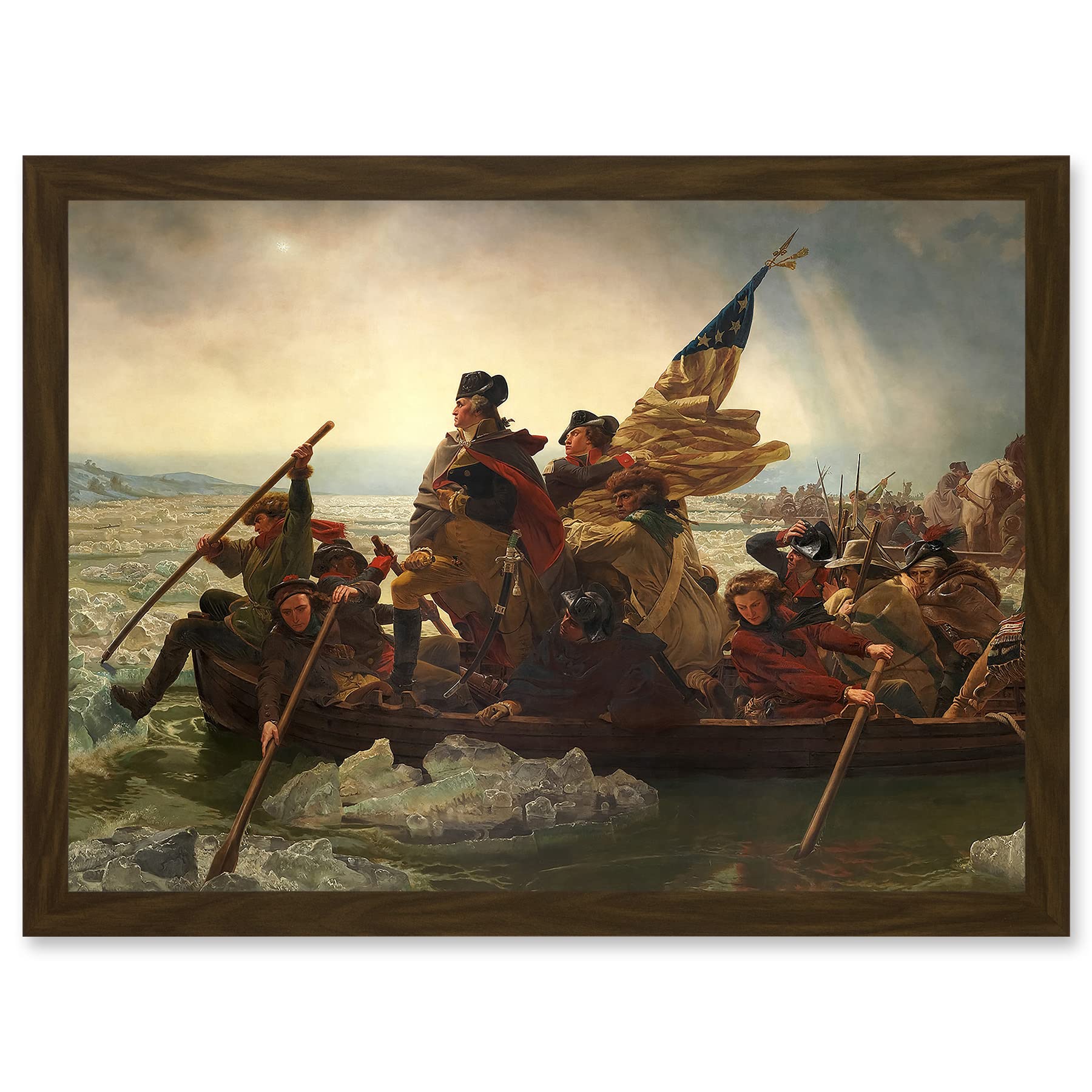 Artery8 Framed Brown A4 Leutze George Washington Crossing The Delaware Painting American Revolution Artwork Framed Wall Art Print A4