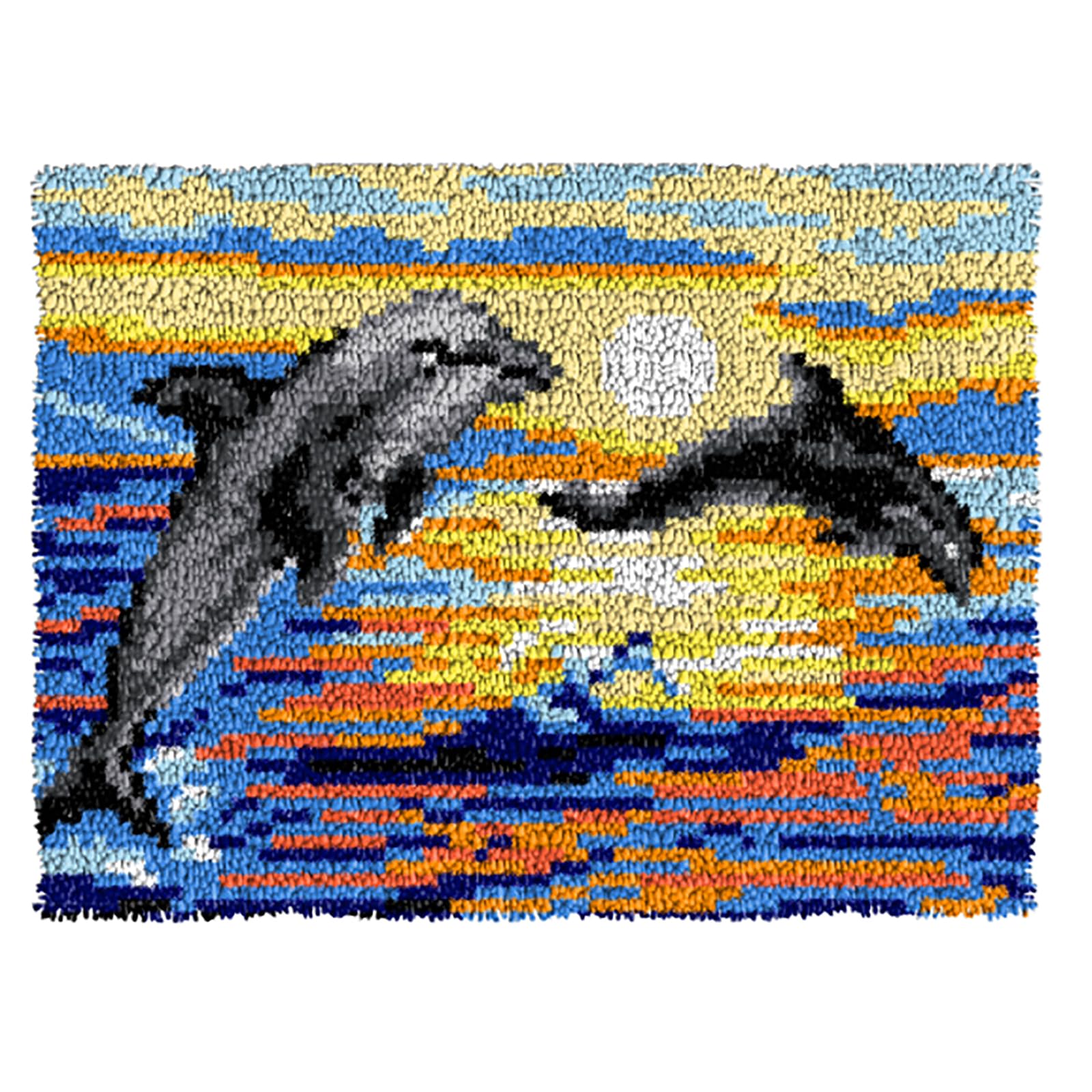 MIAOLLUN Sunset Dolphins Latch Hook Rug Kit for Adults Beginners, 2 Dolphins Pattern Rug Making Craft Embroidery Tapestry Set Home Decoration 20.5X15inch