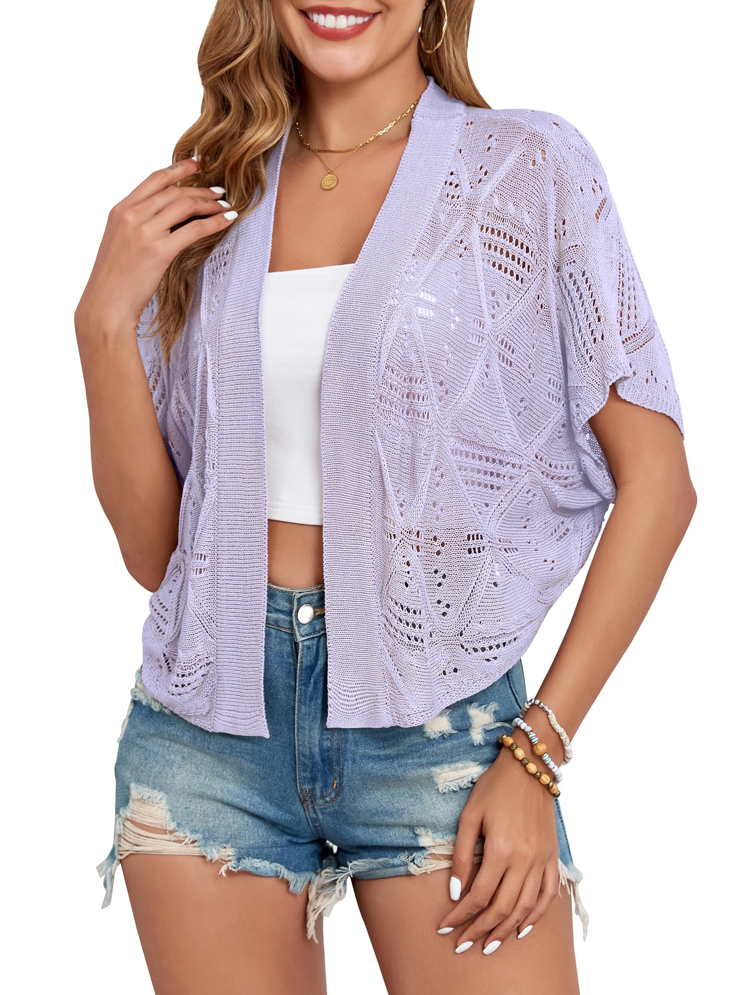 Women's Shrug Crochet Cropped Cardigan Lightweight Hollow-Out Batwing Sleeve Open Front Bolero Sweaters