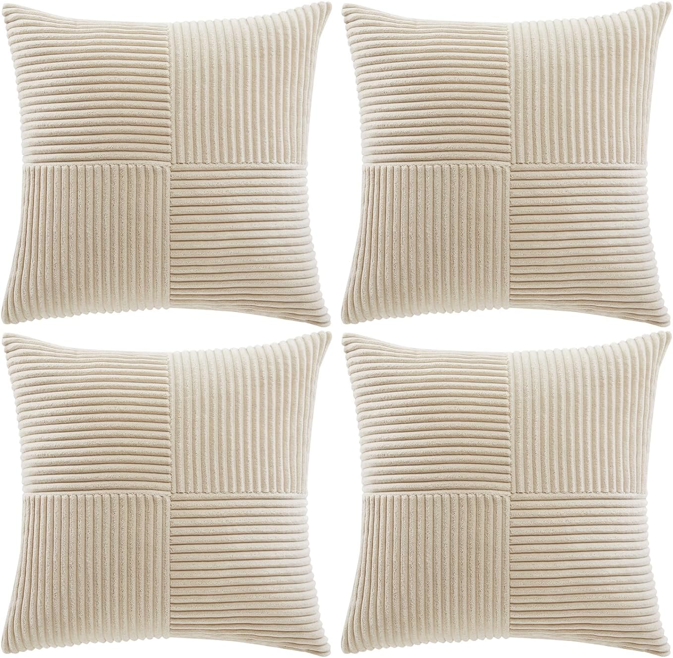 Fancy Homi 4 Packs Tan Decorative Throw Pillow Covers 20x20 Inch for Living Room Couch Bed Sofa, Farmhouse Boho Home Decor, Soft Cross Corduroy Patchwork Accent Square Beige Cushion Case 50x50 cm