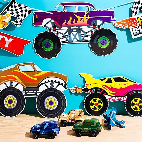 Miniatura 3 de Containlol 13 piezas de Monster Car Truck suministros para fiesta de cumpleaños de autos divertidos, decoraciones de fiesta de camión, recortes de