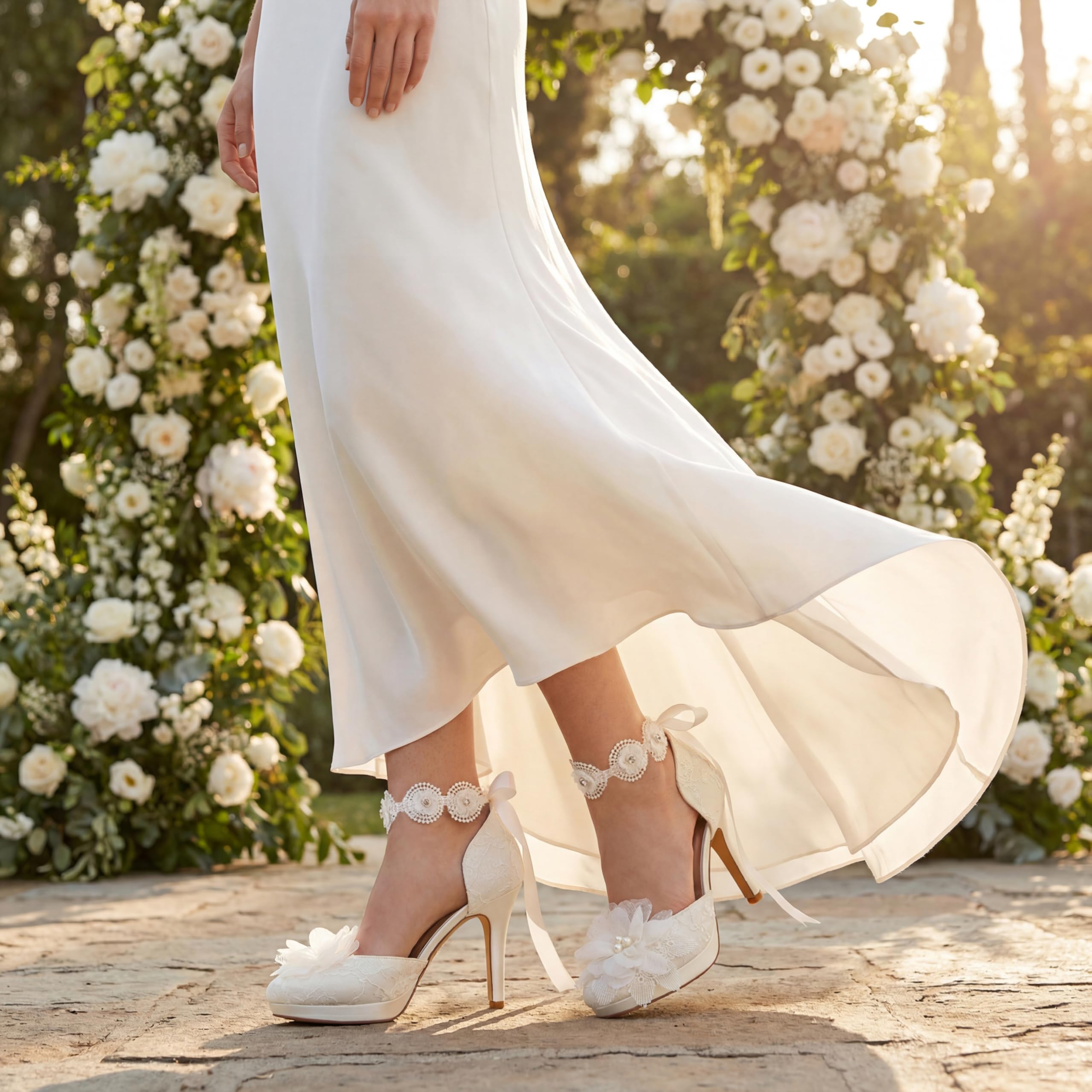 JIAJIA 3703L Scarpe da Sposa da Donna Punta Chiusa 10cm Tacco a Spillo Pizzo Satinato Piattaforma Pompe Raso Fiore Cravatta a Nastro Scarpe da Sposa