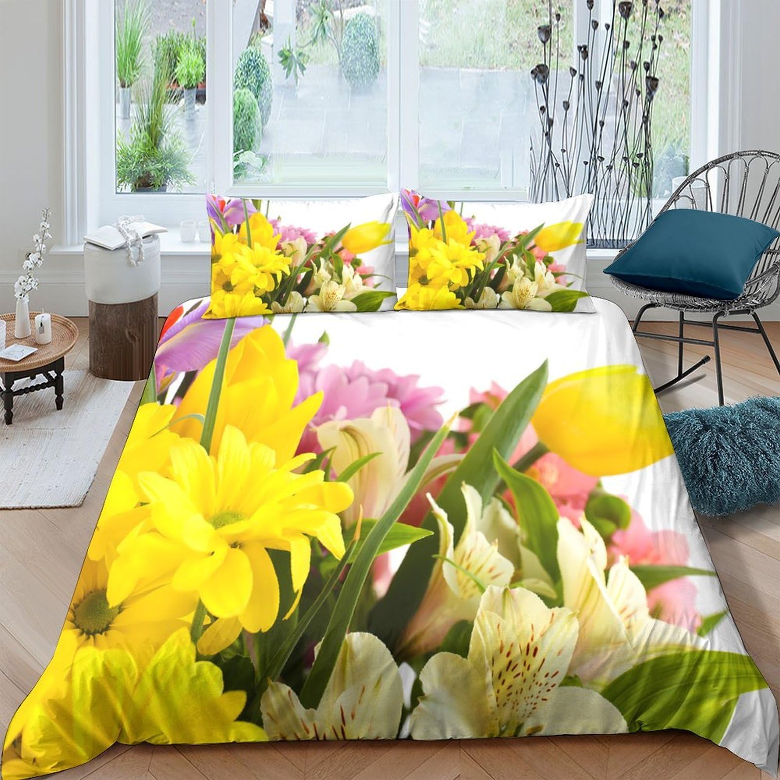 Ctjqhvkz Style-6 3D Printed Yellow Floral Fitted Sheet Microfiber Soft Colorful Bouquet Mattress Cover For Bedroom Guest Room Decor Single（135X200cm）