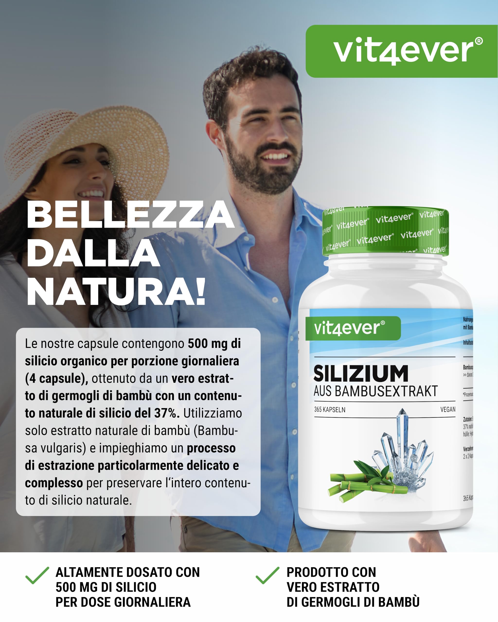 Silicio - 365 Capsule Con 500 Mg Di Silicio Organico Al Giorno - Premium: Estratto Naturale Di Bambù - Altamente Dosato - Vegan