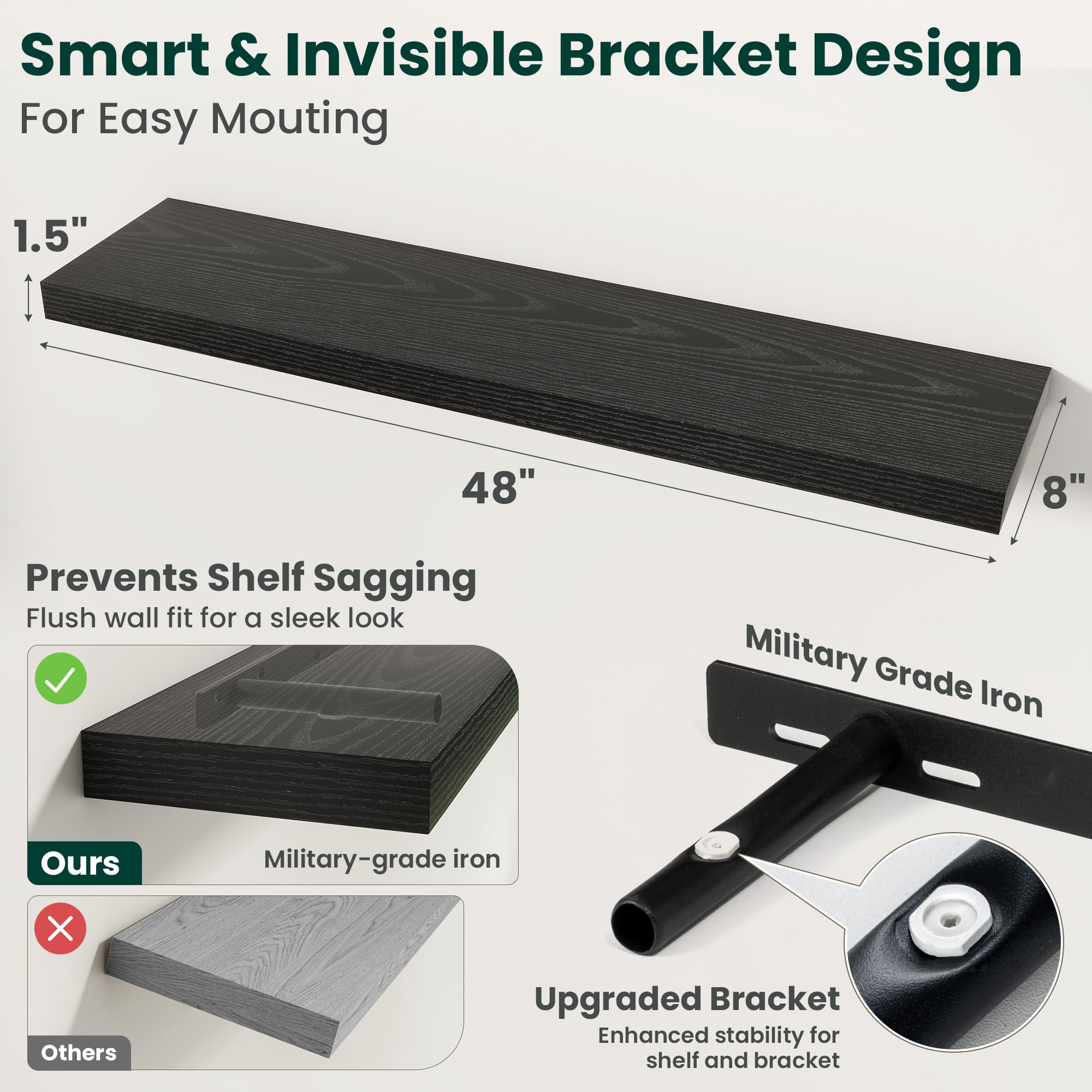 Juego de 2 estantes flotantes de 120 cm para pared con soportes invisibles, estante de madera resistente montado en la pared para cocina, baño, sala de estar, dormitorio