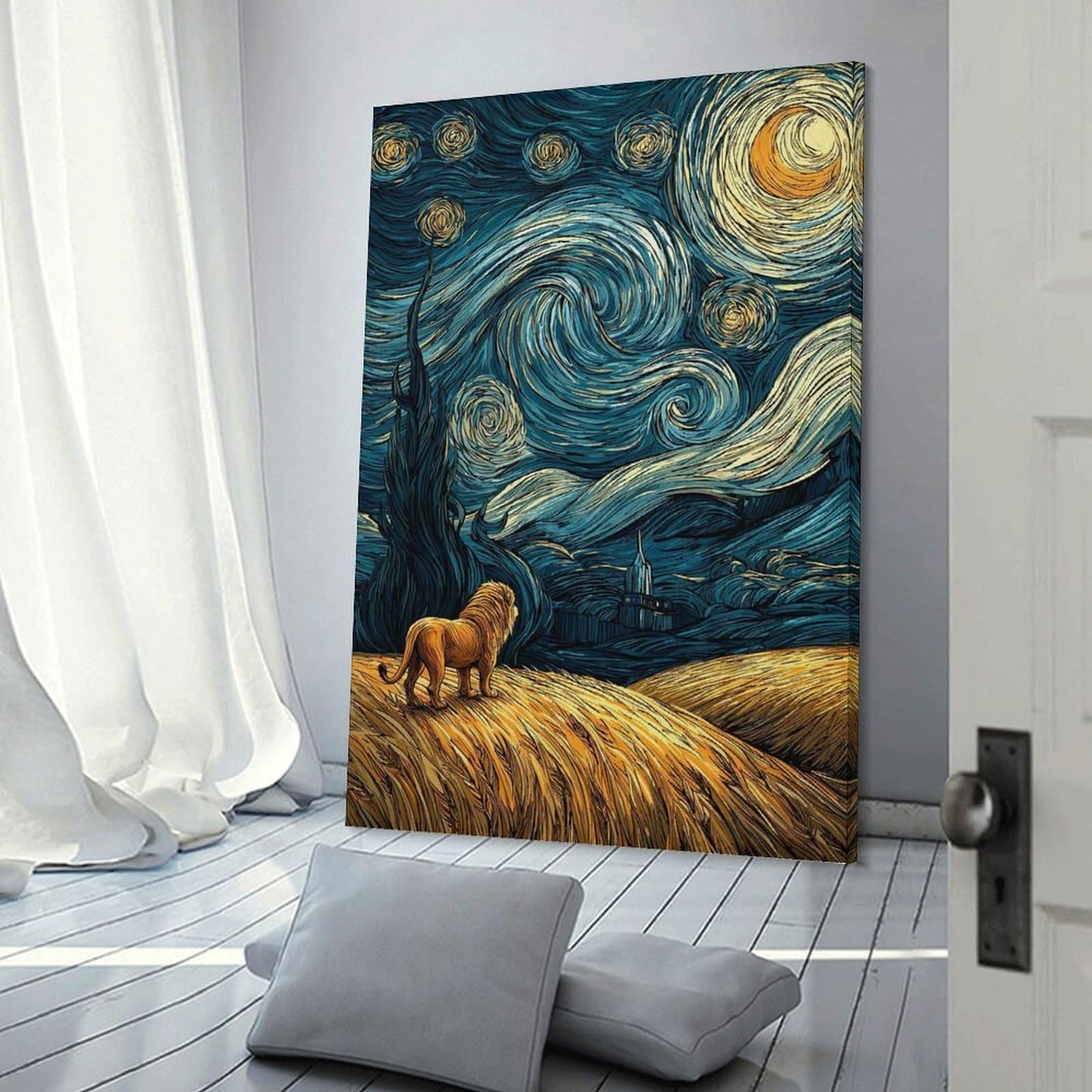 Junmoney Frame-Style-1 Canvas Wall Art Lion In Starry Night Style, 20X30inch(50X75cm), For Lounge Decor, Bedroom Walls Or Flats, Eye Catching Artwork For Blank Walls