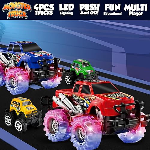 Miniatura 9 de JoyX Paquete de 4 camiones monstruos de juguete con luces LED, el mejor cumpleaños, para niños y niñas a partir de 3 años, autos Push n Go & Pull n