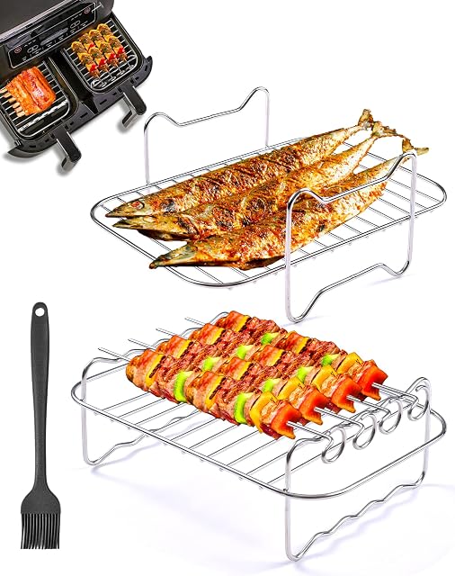 2PCS Air Fryer Rack for Ninja Dual Air Fryer Air Fryer Accessories 304 Stainless Steel with 4 Barbecue Sticks, Double Layer Dehydrator Rack for 7.6L-9.5L Double Basket Air Fryers Oven Microwave