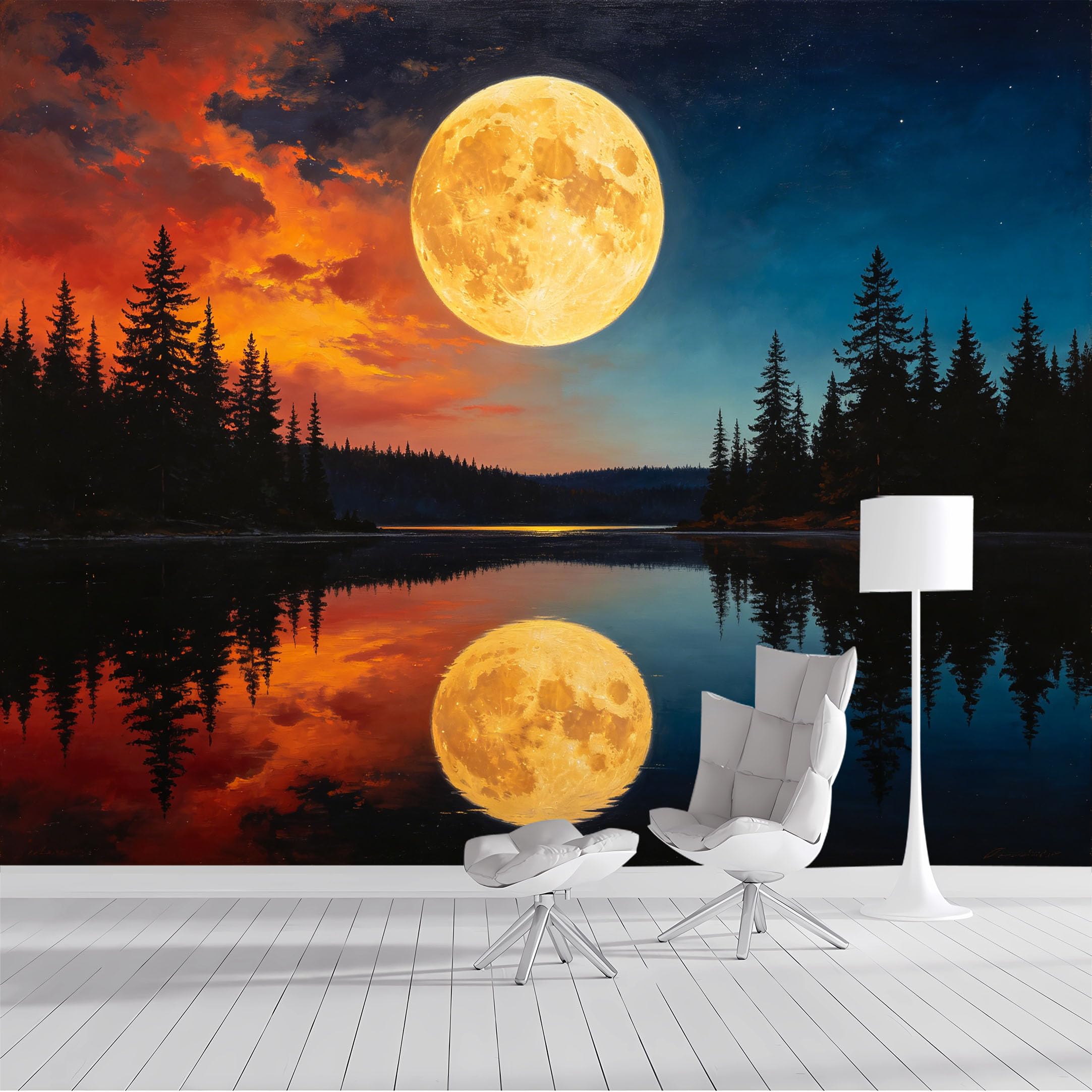 Custom Size Wall Mural Full Moon Lake Sunset Forest Reflection Landscape Oil Painting SelfAdhesive Wall Fabric Removable Peel and Stick Wallpaper Wall Decor for Living Room Bedroom Bathroom