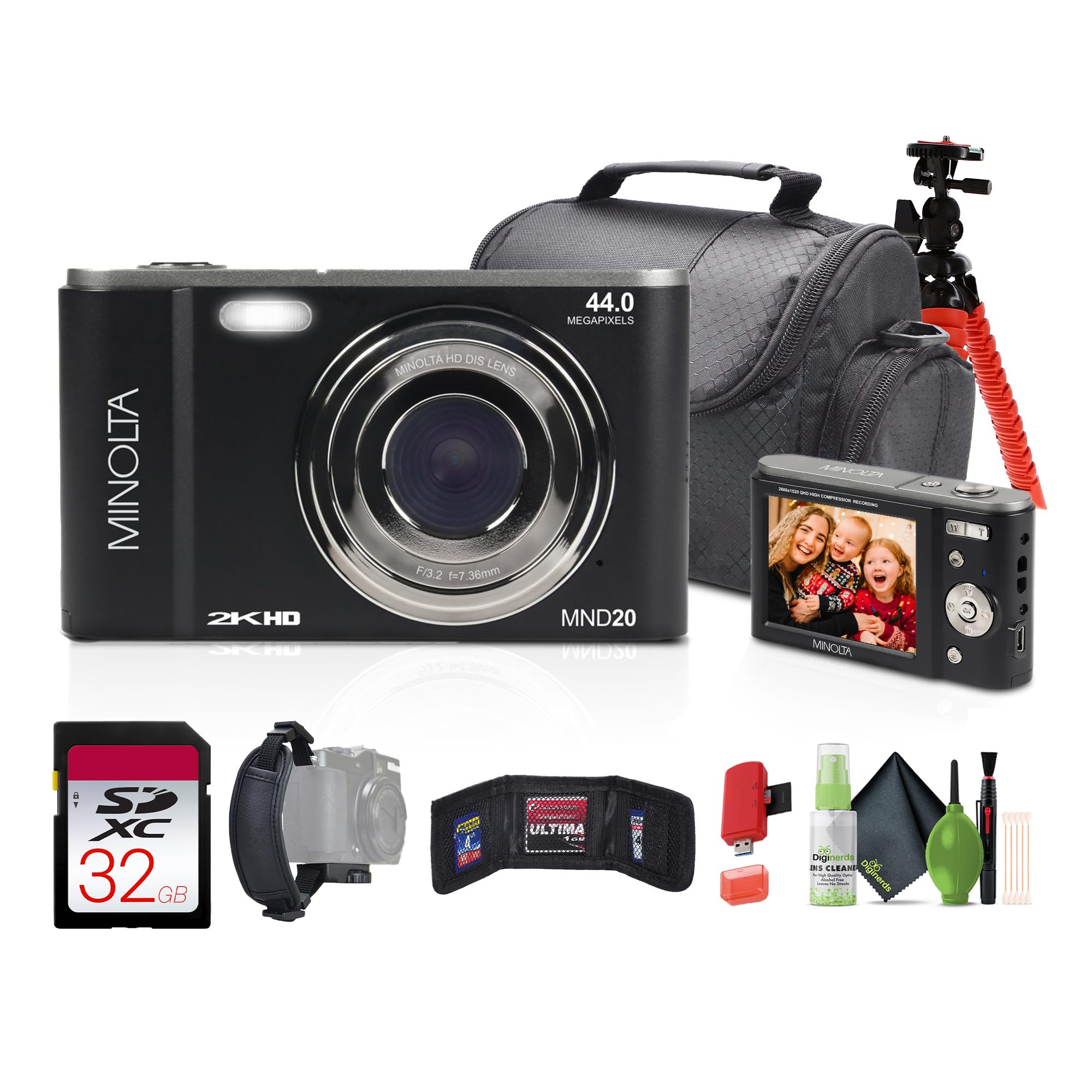 Minolta MND20 44 MP / 2.7K Quad HD Digital Camera (Black) + 32GB Memory Card + 12 inch Flexible Tripod + Memory Card Wallet + USB Card Reader, SD/microSD + More