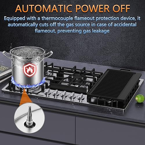 Miniatura 3 de Cocina de gas integrada de 30 pulgadas, 5 quemadores sellados Italia SABAF de gas 41,800BTU, convertible a NG/LPG, estufa de gas de acero inoxidable