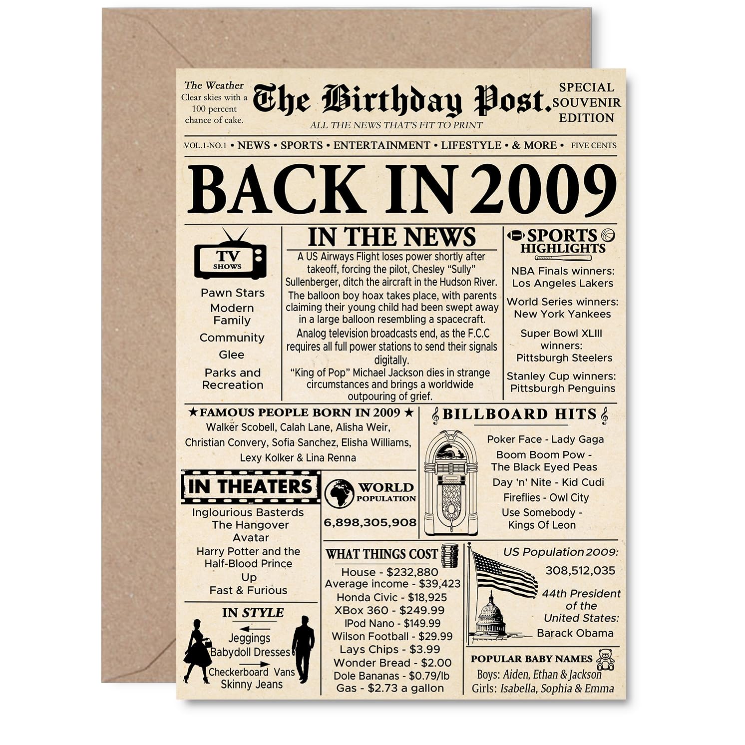 16th Birthday Card for Girls Boys - Newspaper Back in 2009 - Happy 16 Birthday Cards for Son Grandson Brother Nephew Niece Granddaughter, A5 Bday Greeting Cards