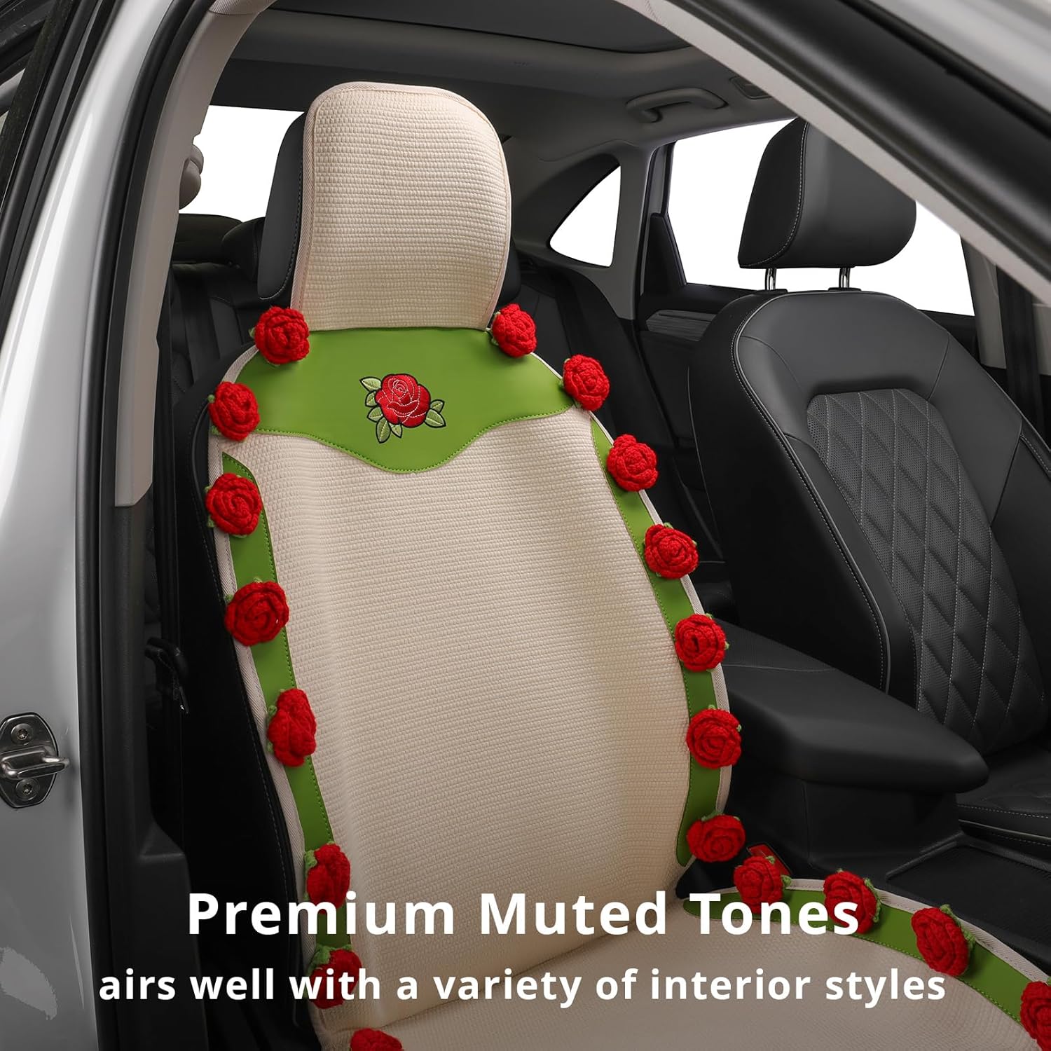 Universal Car Seat Covers, Handmade Floral Green & Red Rose Design Cushion, Cute Interior Seat Cover for Cars, SUVs & Trucks,Car Accessories Gift for Women (1-Piece)