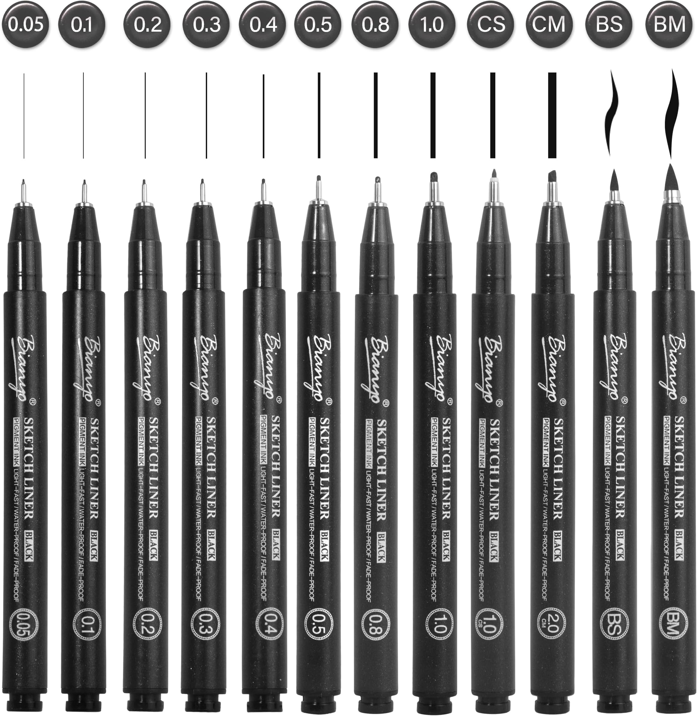 Bianyo Black Art Pen Set - 12 Assorted Sizes Fine Line Drawing, Upgraded Pigment Ink, Water-Resistant Archival Pens for Artists, Crafters, and Journaling