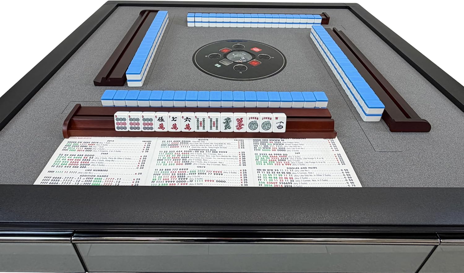USA MJ Table Skyline Elite 30 Premium Automatic Mahjong Table American Mah Jong Edition 30mm Tiles, Black Glass Cover, Light Blue Glass Frame, Folding Design with Wooden Racks & Pushers